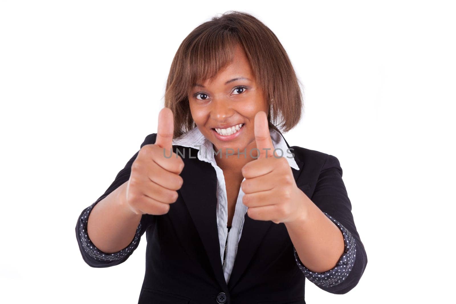 Smiling black african american business woman making thumbs up, isolated on white background