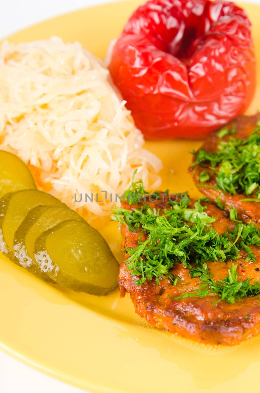 Stewed meat with vegetables on a garnish