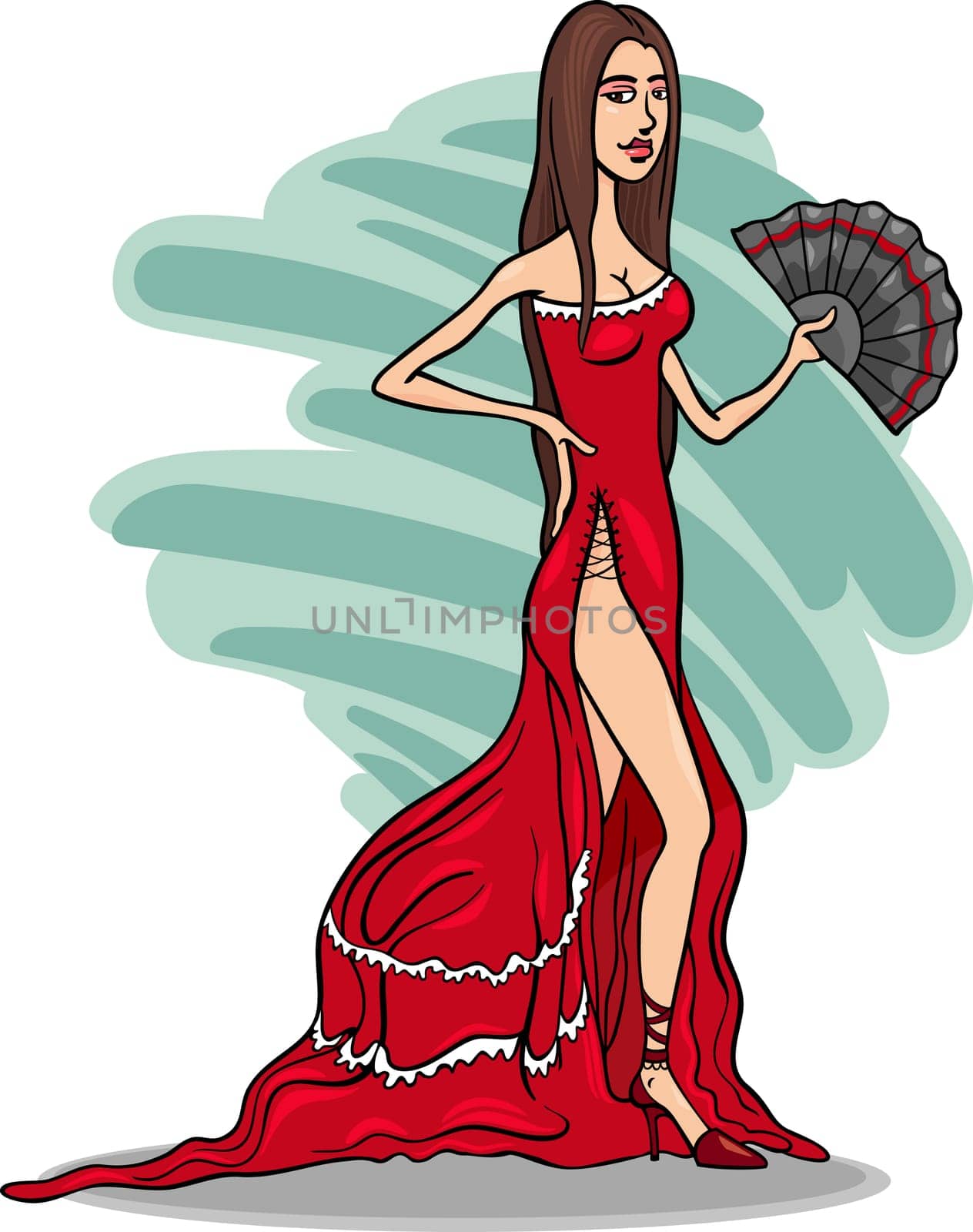 Cartoon Illustration of Beautiful Sexy Woman in Red Dress or Gown or Spanish Dancer