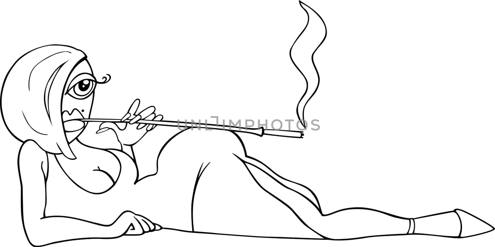 Black and White Cartoon Illustration of Sexy Woman in Dress with Cigarette