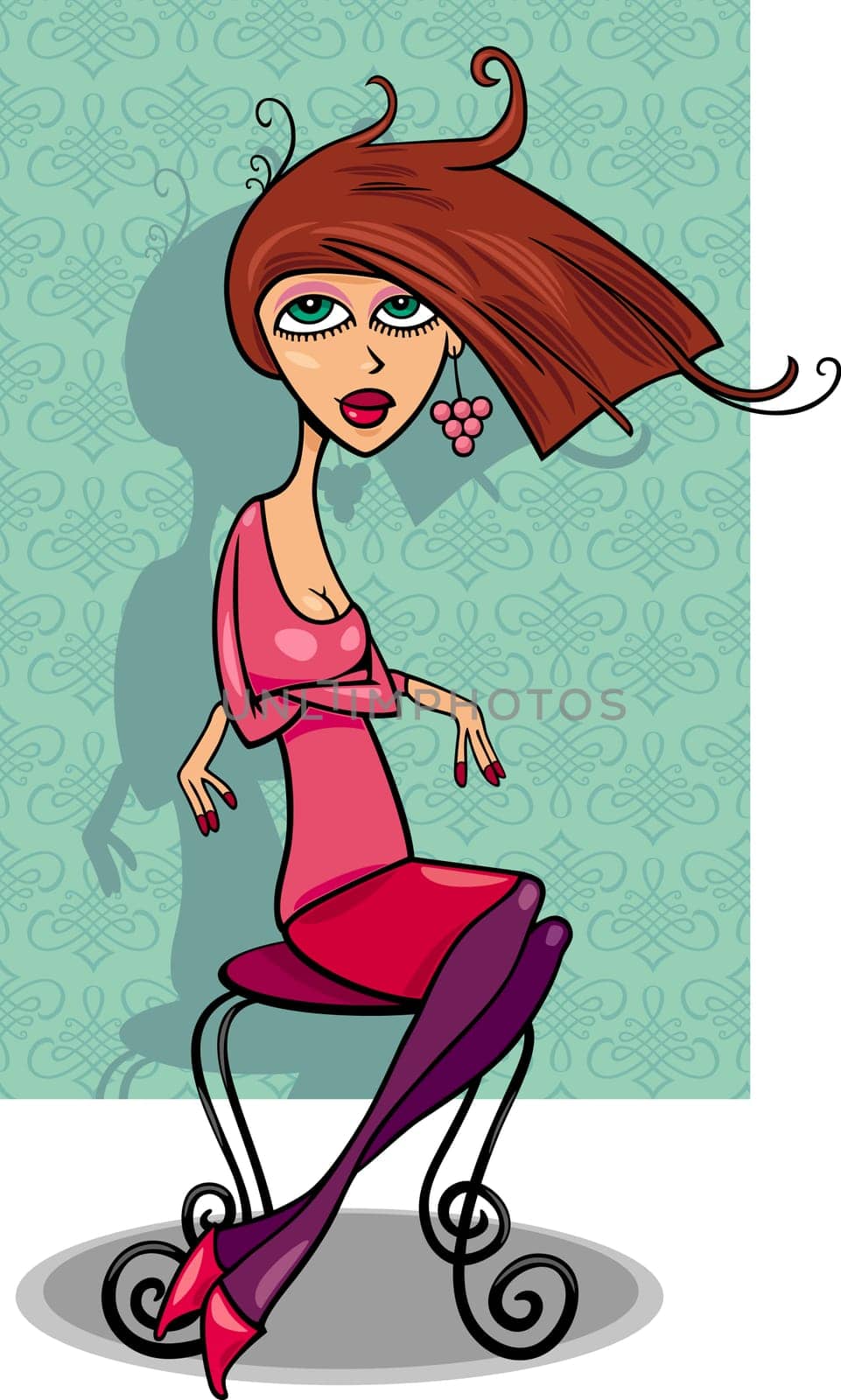 Cartoon Illustration of Cute Young Woman Sitting on Vintage Chair