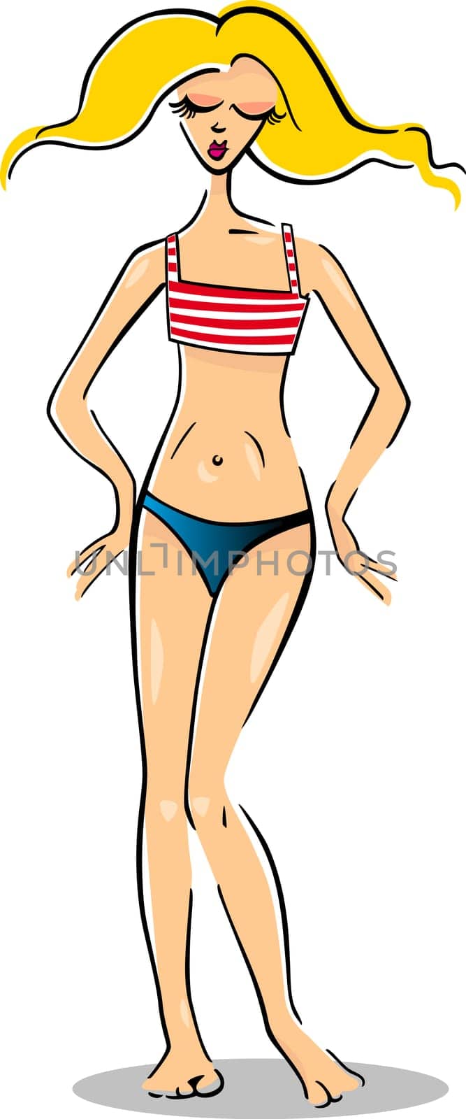 Cartoon Illustration of Cute Pretty Woman in Bikini or Swimsuit or Swimwear