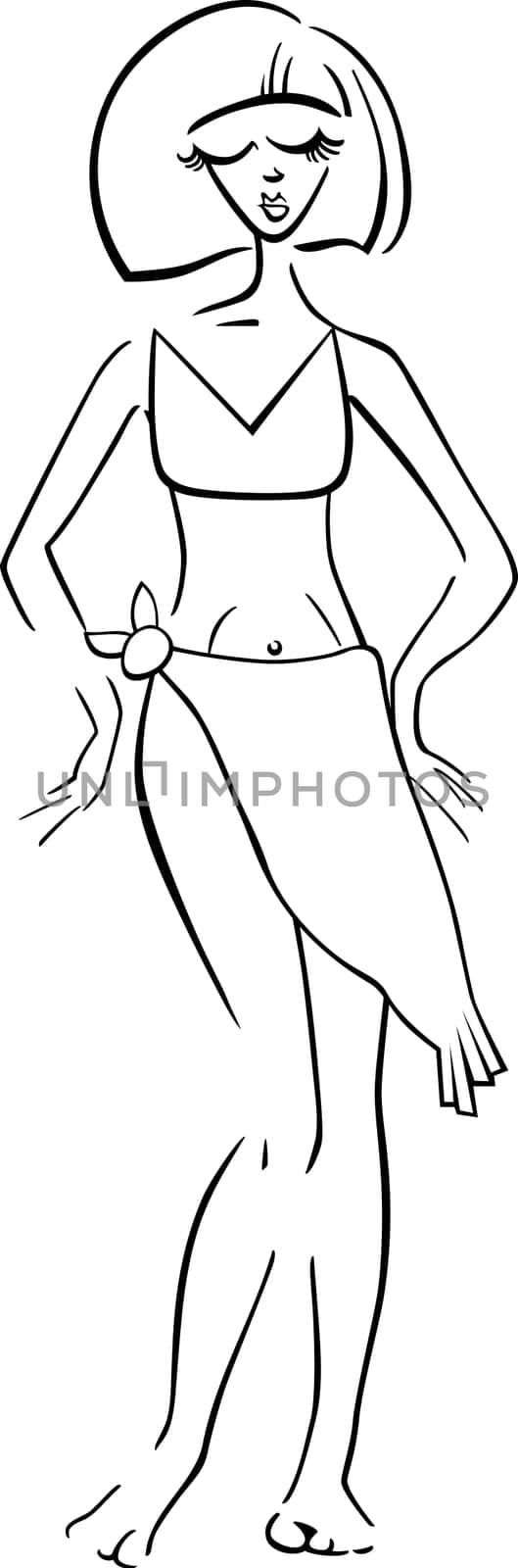 Black and White Cartoon Illustration of Cute Pretty Woman in Bikini or Swimsuit or Swimwear