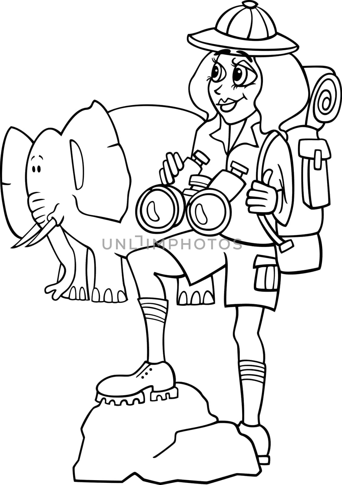 Black and White Cartoon Illustration of Cute Woman Traveler on African Safari with Elephant for Coloring