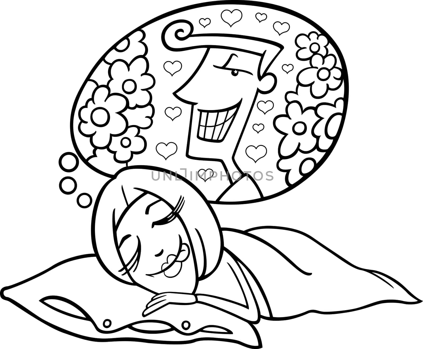 Black and White Cartoon Illustration of Cute Funny Woman in Love Dreaming about a Man
