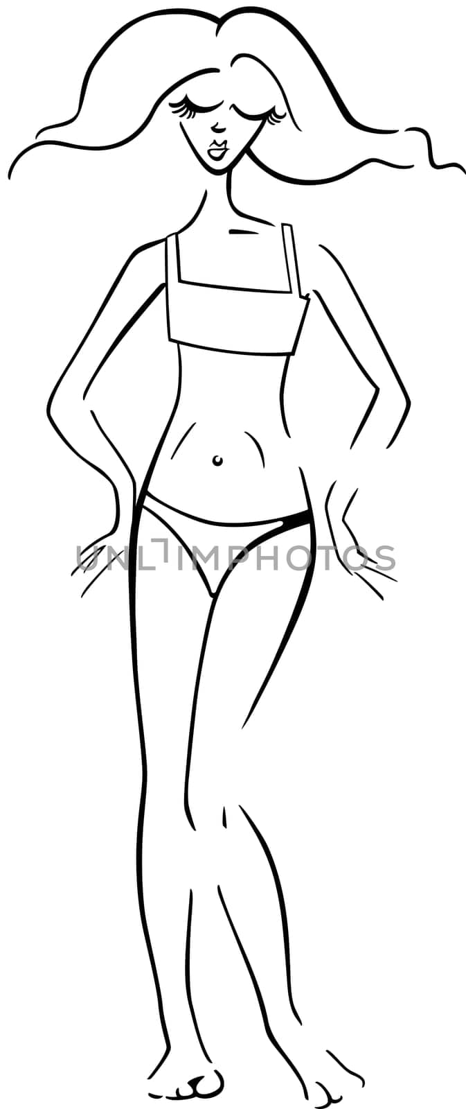 Black and White Cartoon Illustration of Cute Pretty Woman in Bikini or Swimsuit or Swimwear