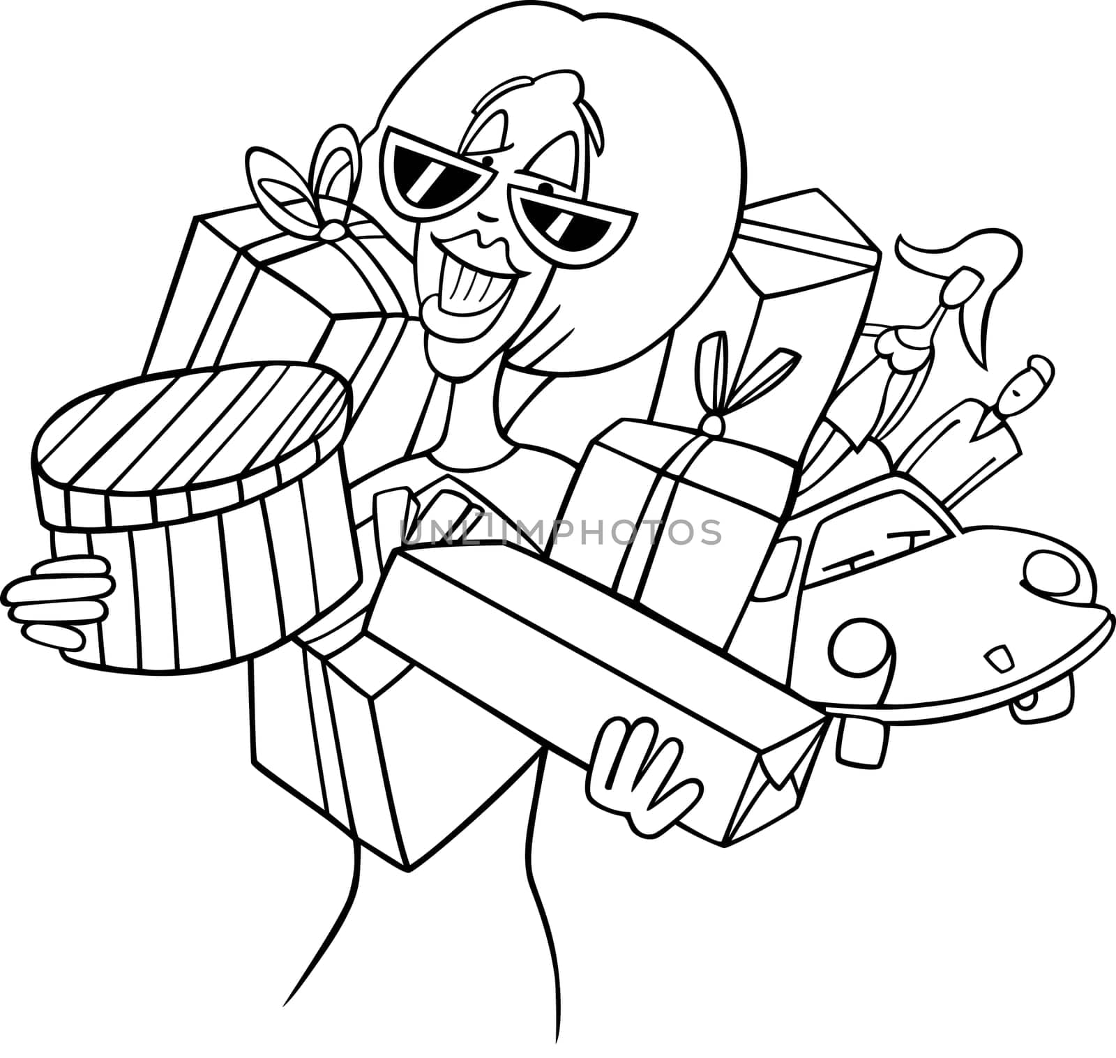 Black and White Cartoon Illustration of Happy Woman Doing Big Shopping