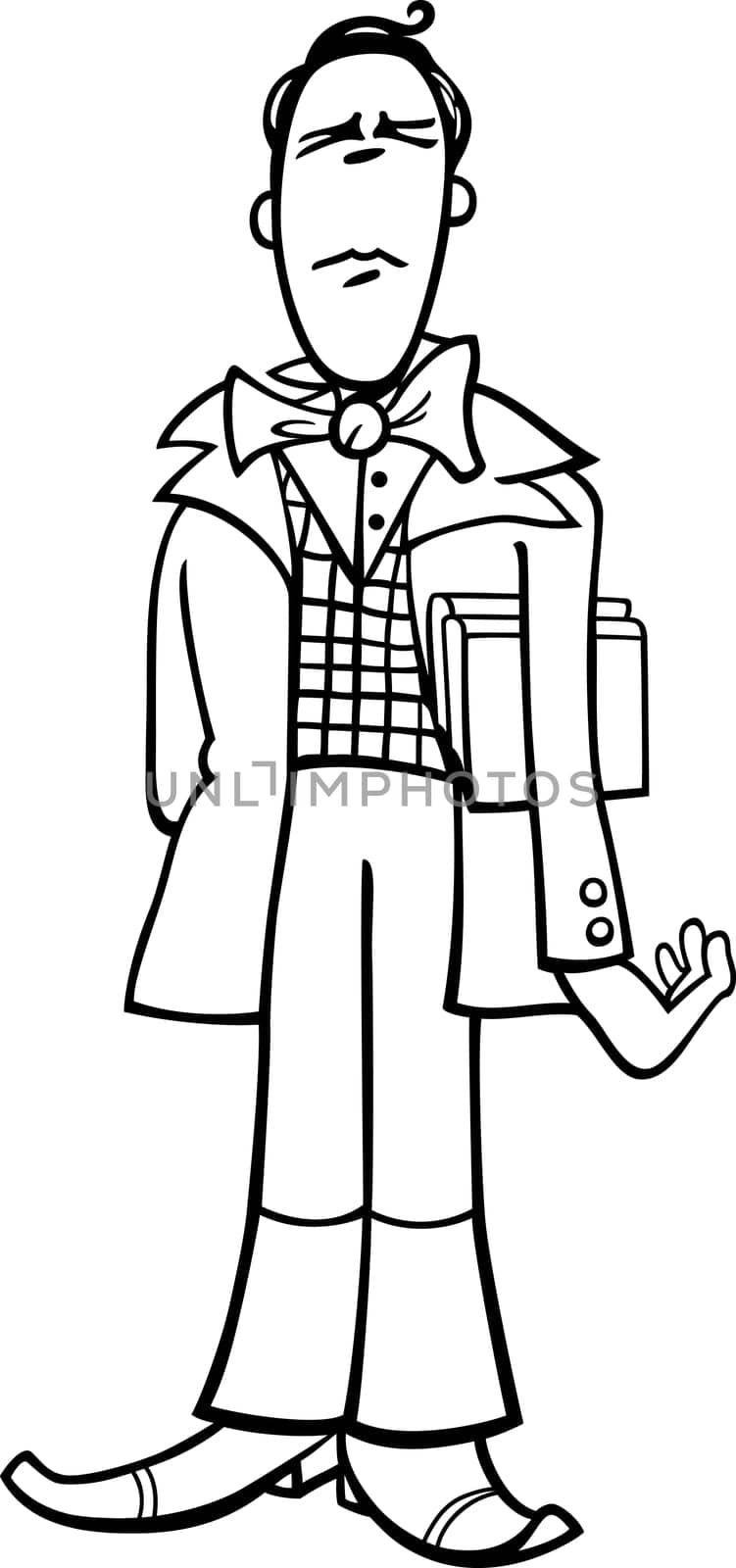 Black and White Cartoon Illustration of Funny Poet or Eccentric Man Caricature