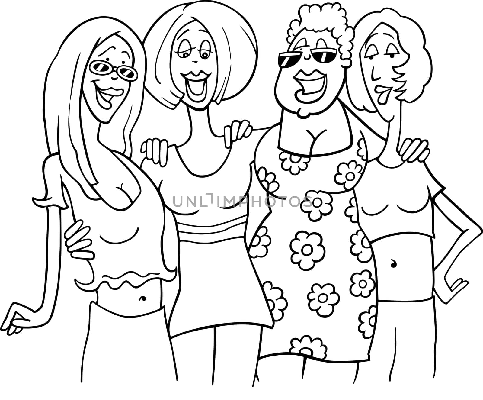 Black and White Cartoon Illustration of Four Women Friends Meeting