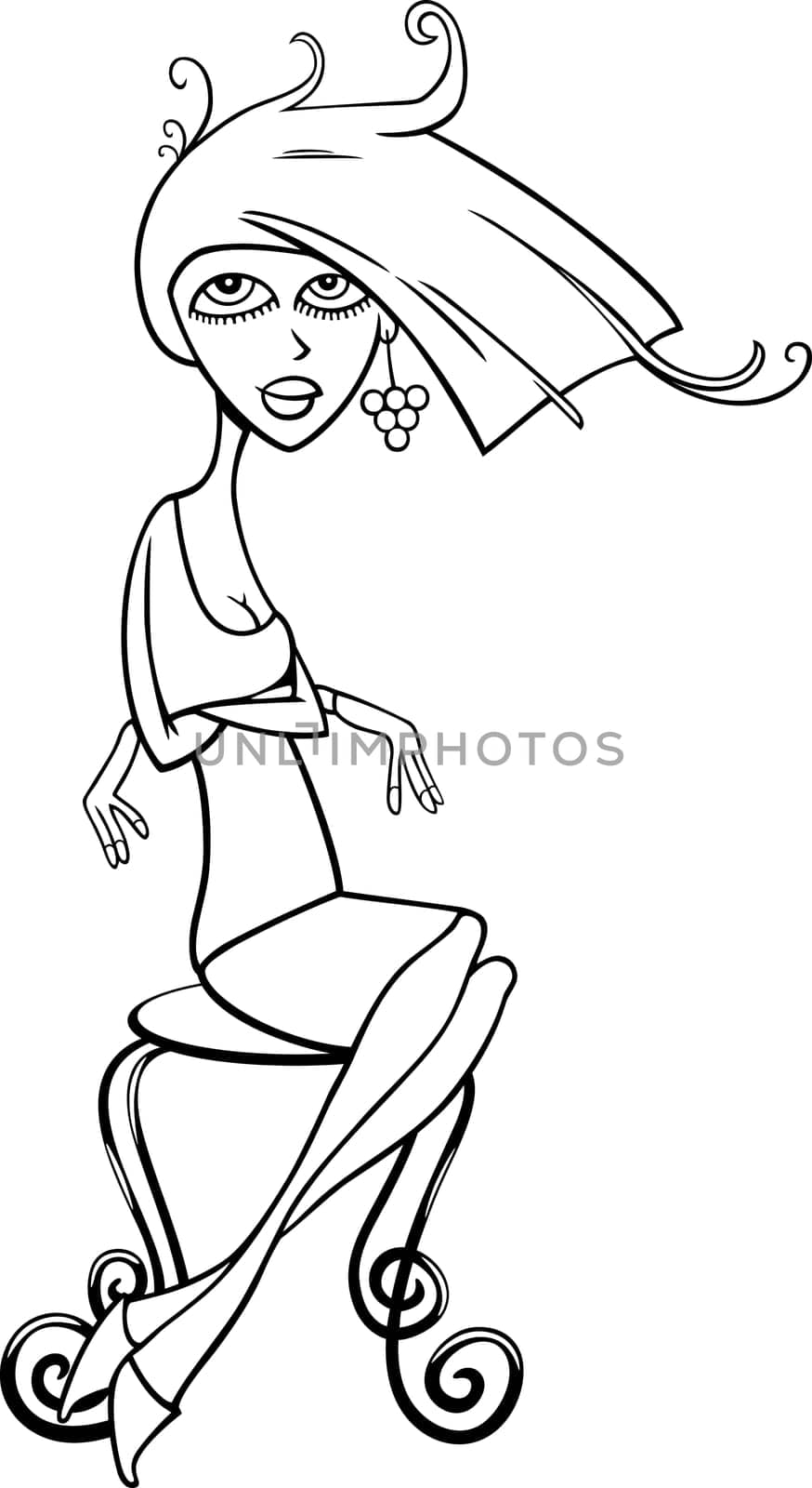 Black and White Cartoon Illustration of Cute Young Woman Sitting on Vintage Chair