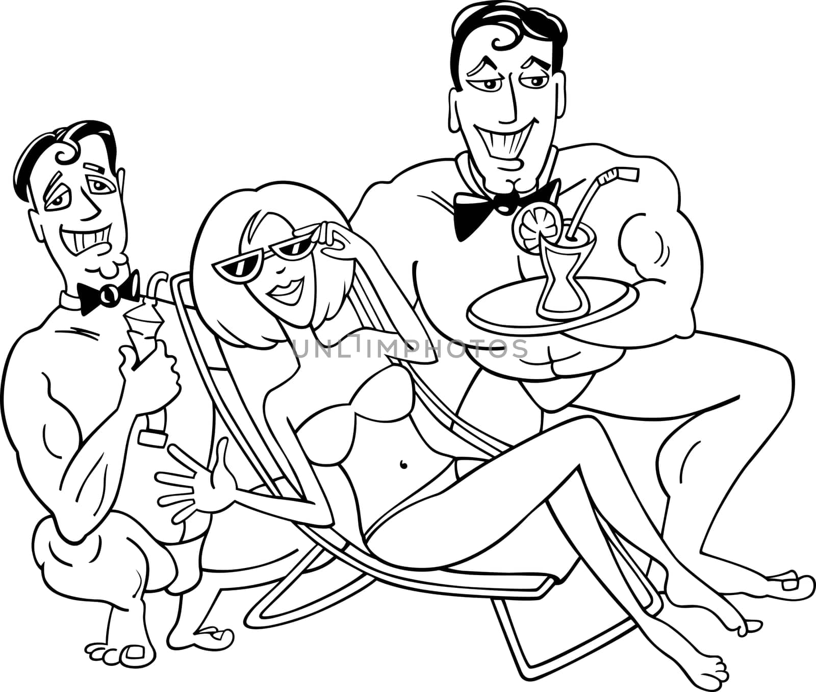 Black and White Cartoon Illustration of Cute Woman in Bikini on the Beach with Two Handsome Men