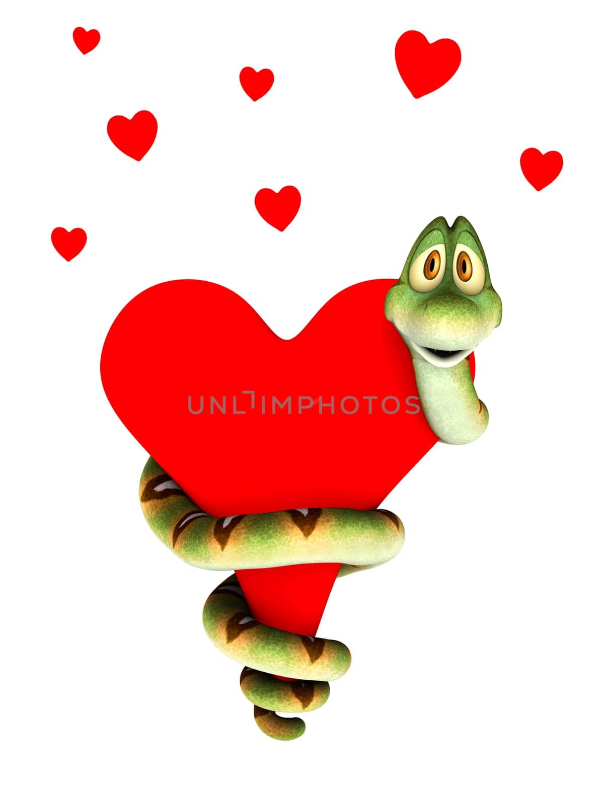 A cute cartoon snake curling around a big red heart, cuddling it. Several small hearts above him. Isolated on white background.