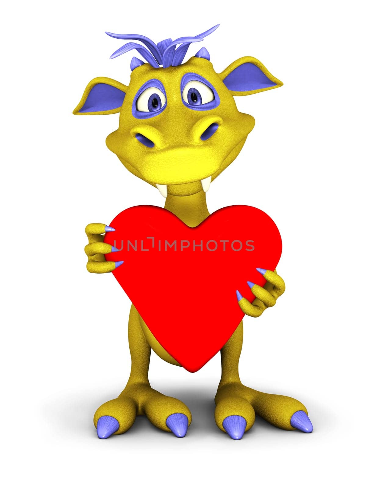 A cute cartoon monster holding a big red heart and looking very happy. White background.