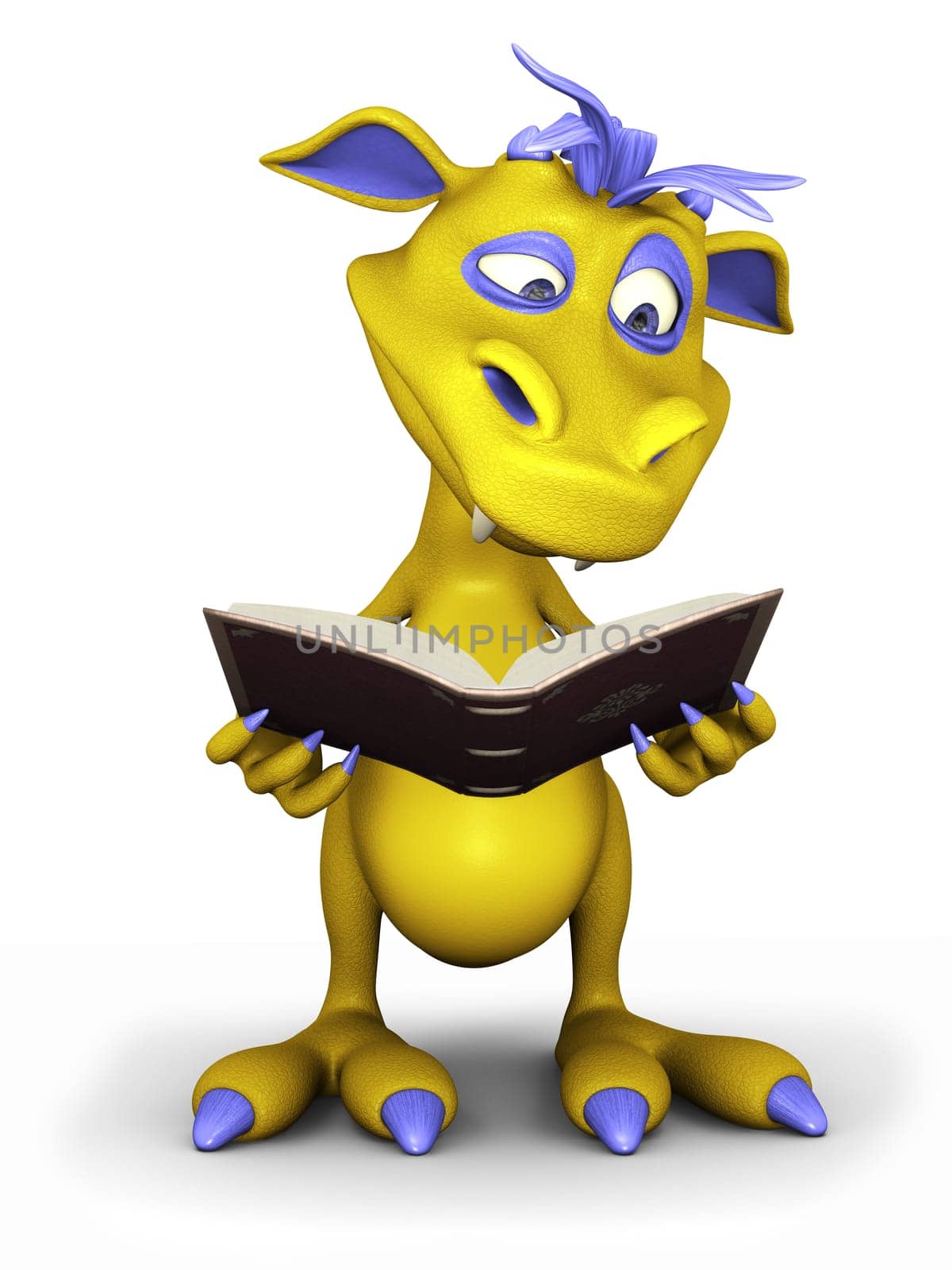 A cute cartoon monster reading a book he is holding in his hands. White background.