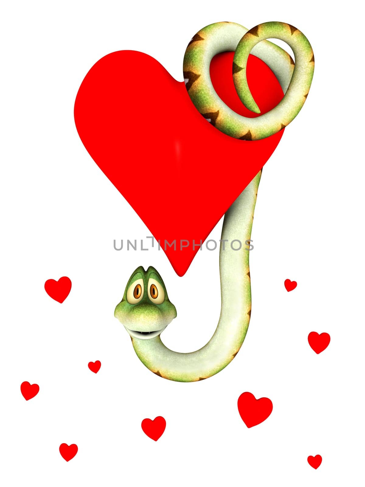 A cute cartoon snake hanging from a big red heart. Several small hearts below him. Isolated on white background.