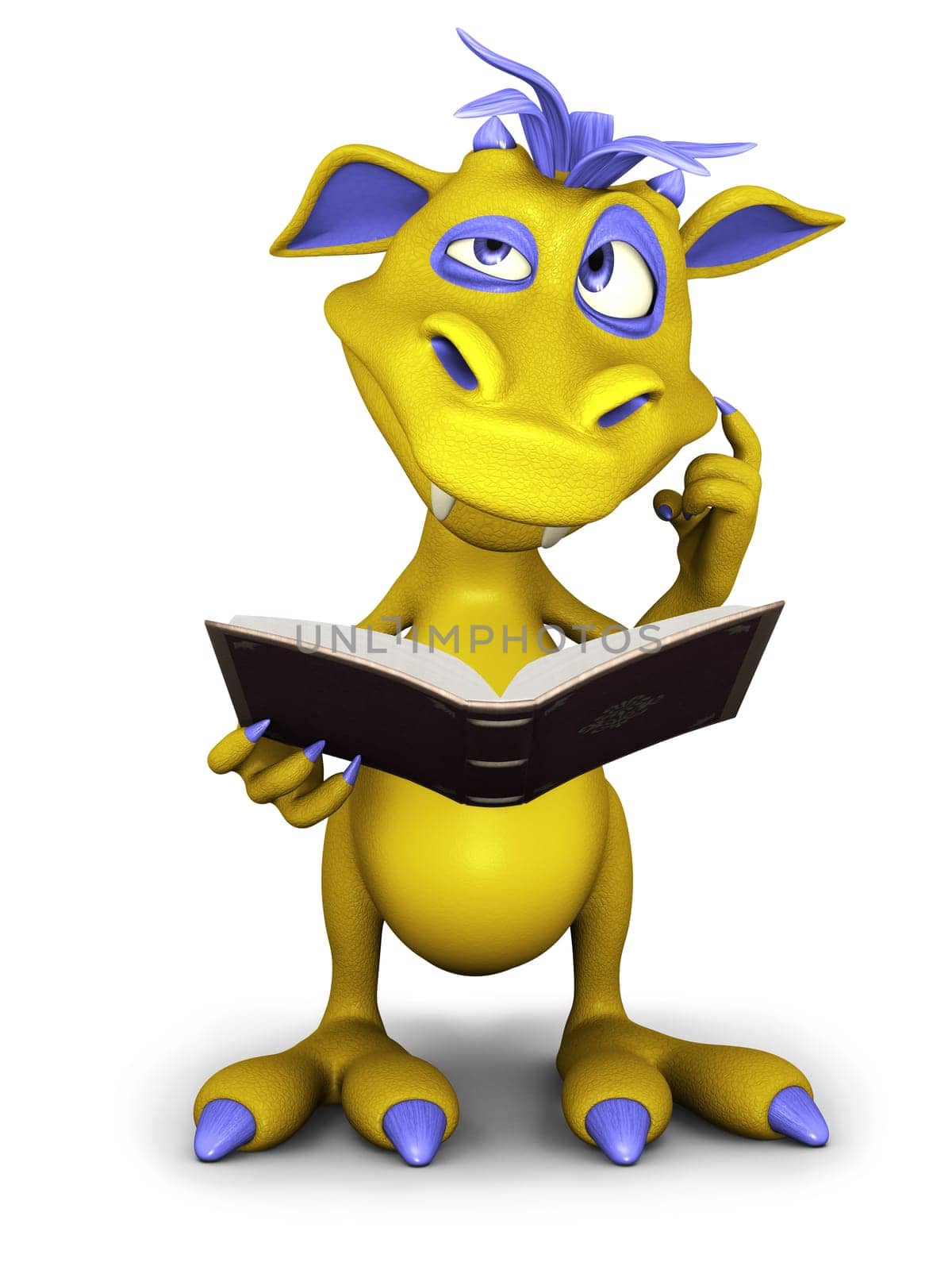 A cute cartoon monster reading a book and thinking about something, maybe a bit confused. White background.