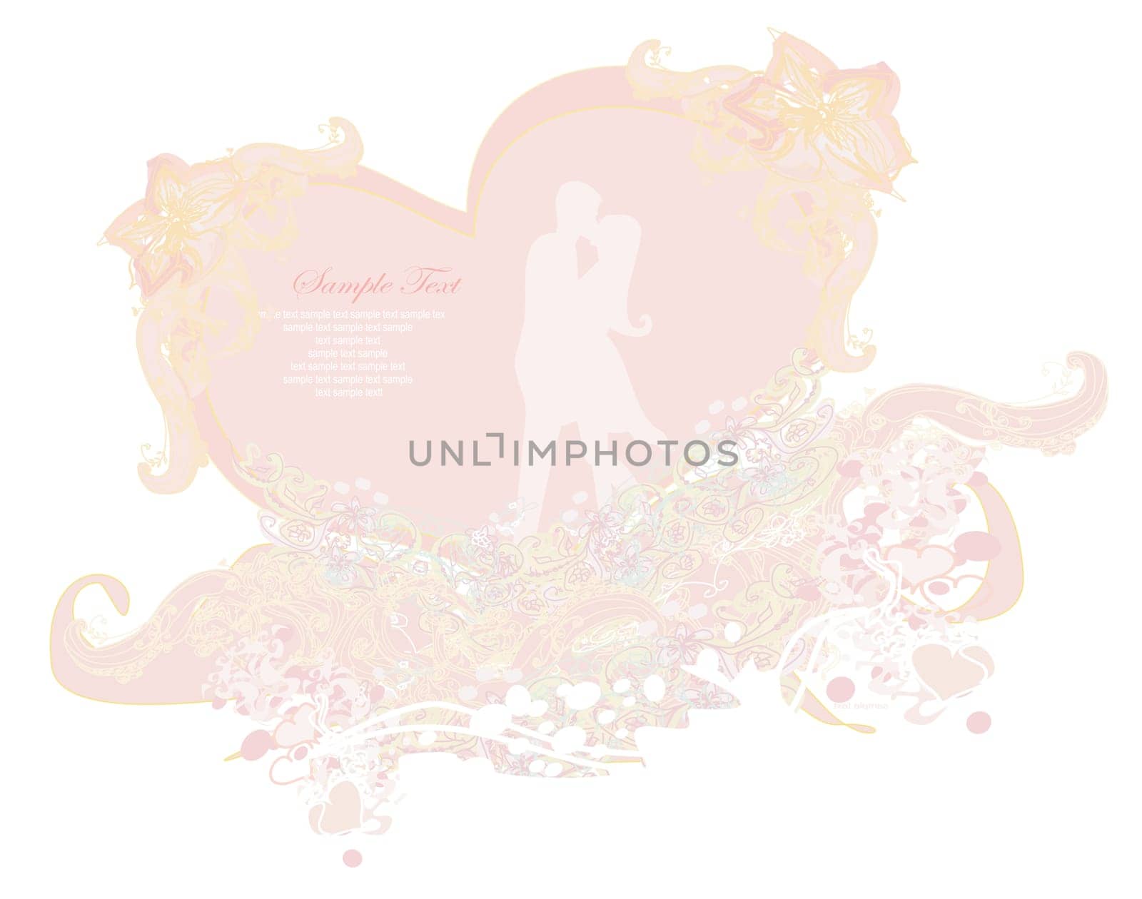 Floral greeting card with silhouette of romantic couple