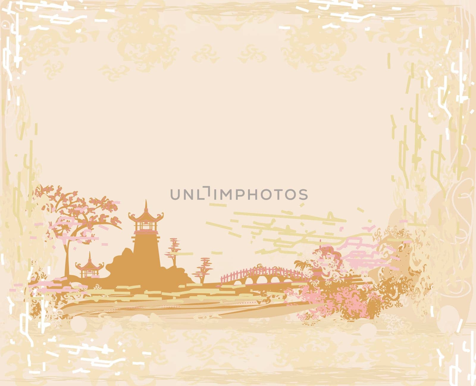 old paper with  abstract Asian Landscape