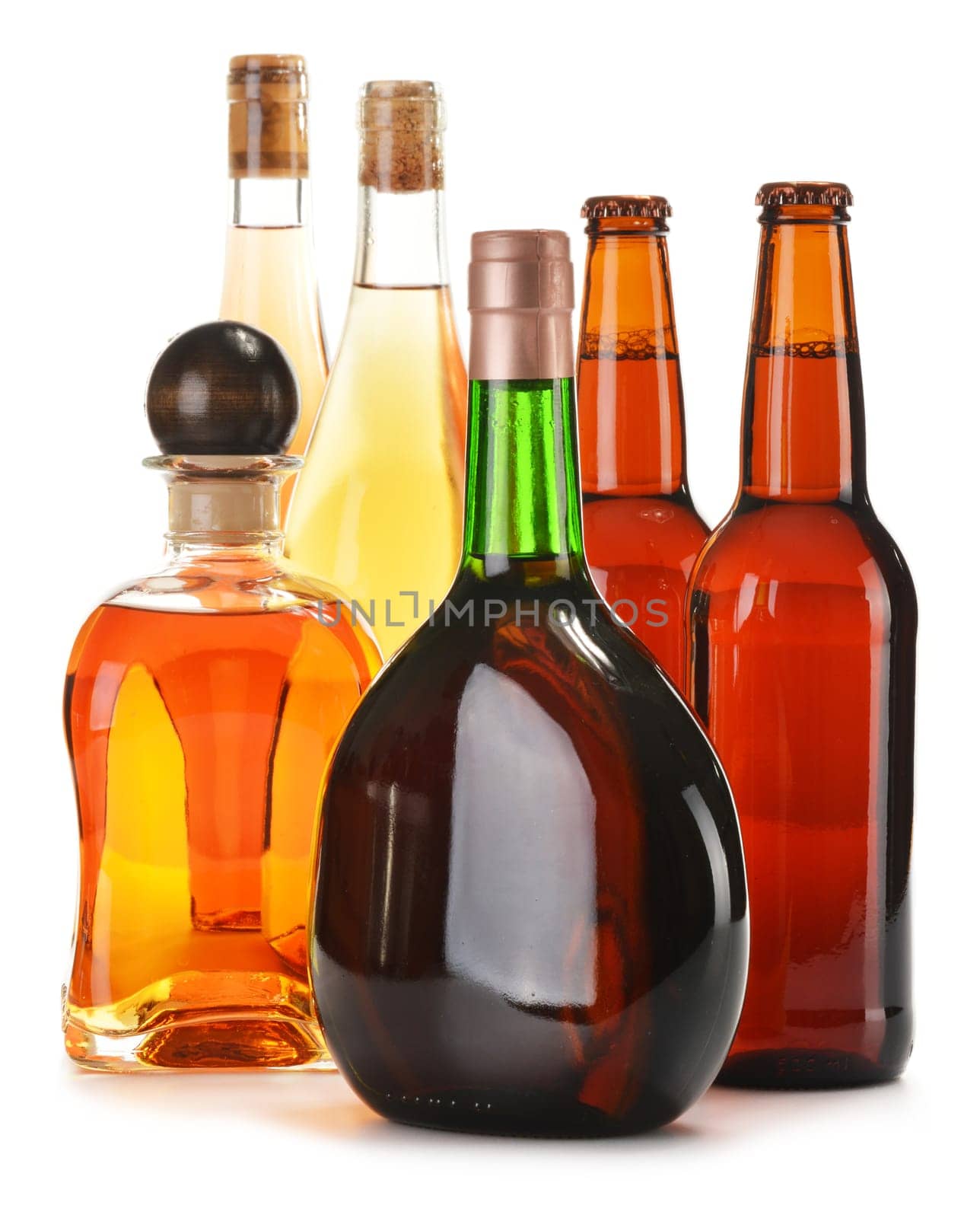 Assorted alcoholic beverages isolated on white