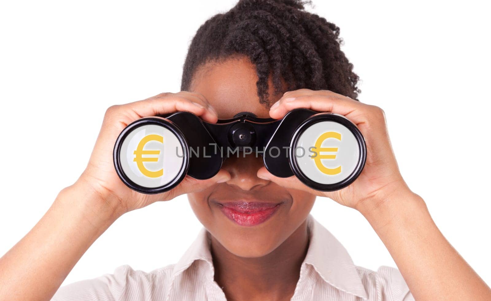Young black / african american business woman using binoculars, isolated on white background