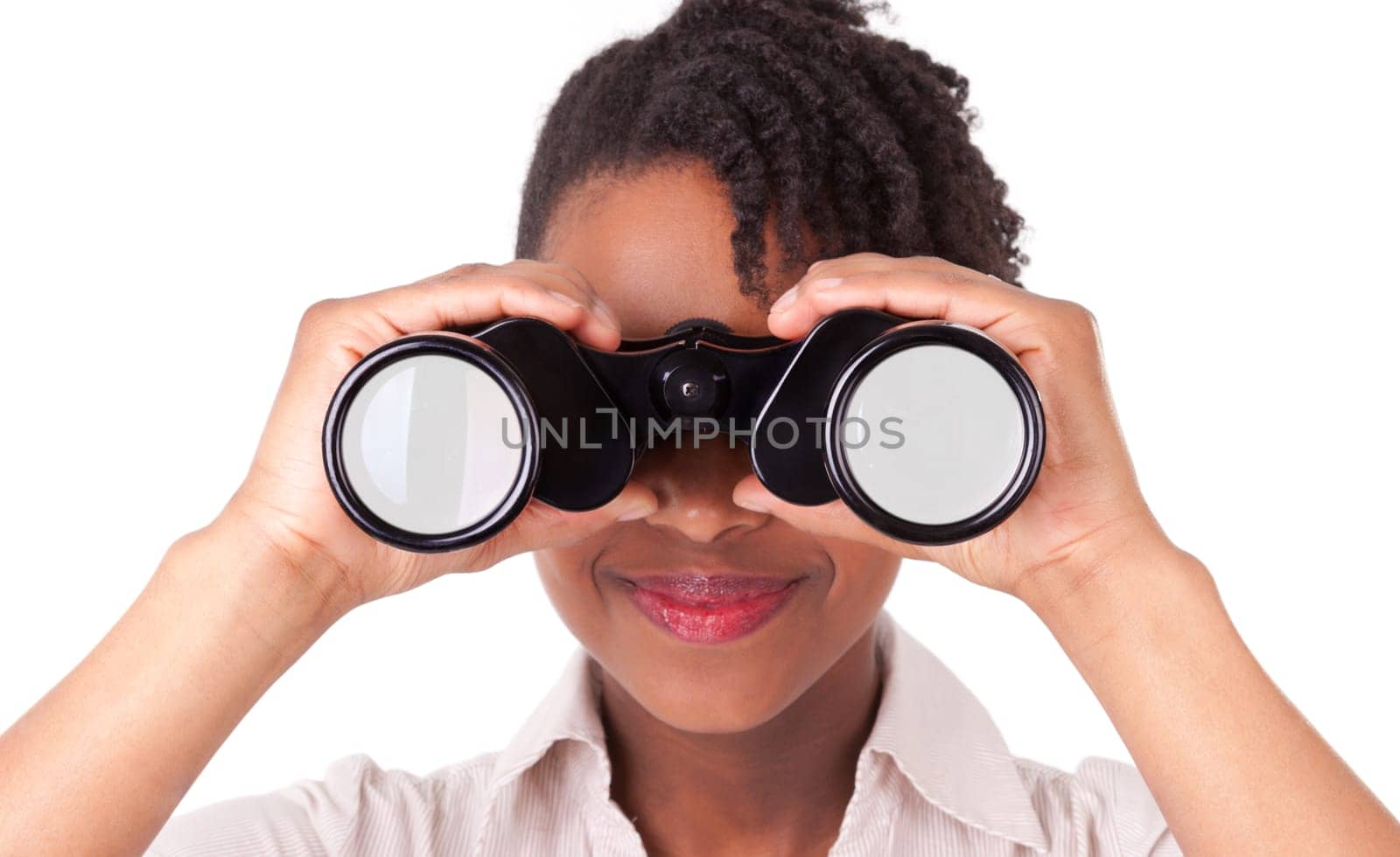 Young black / african american business woman using binoculars, isolated on white background
