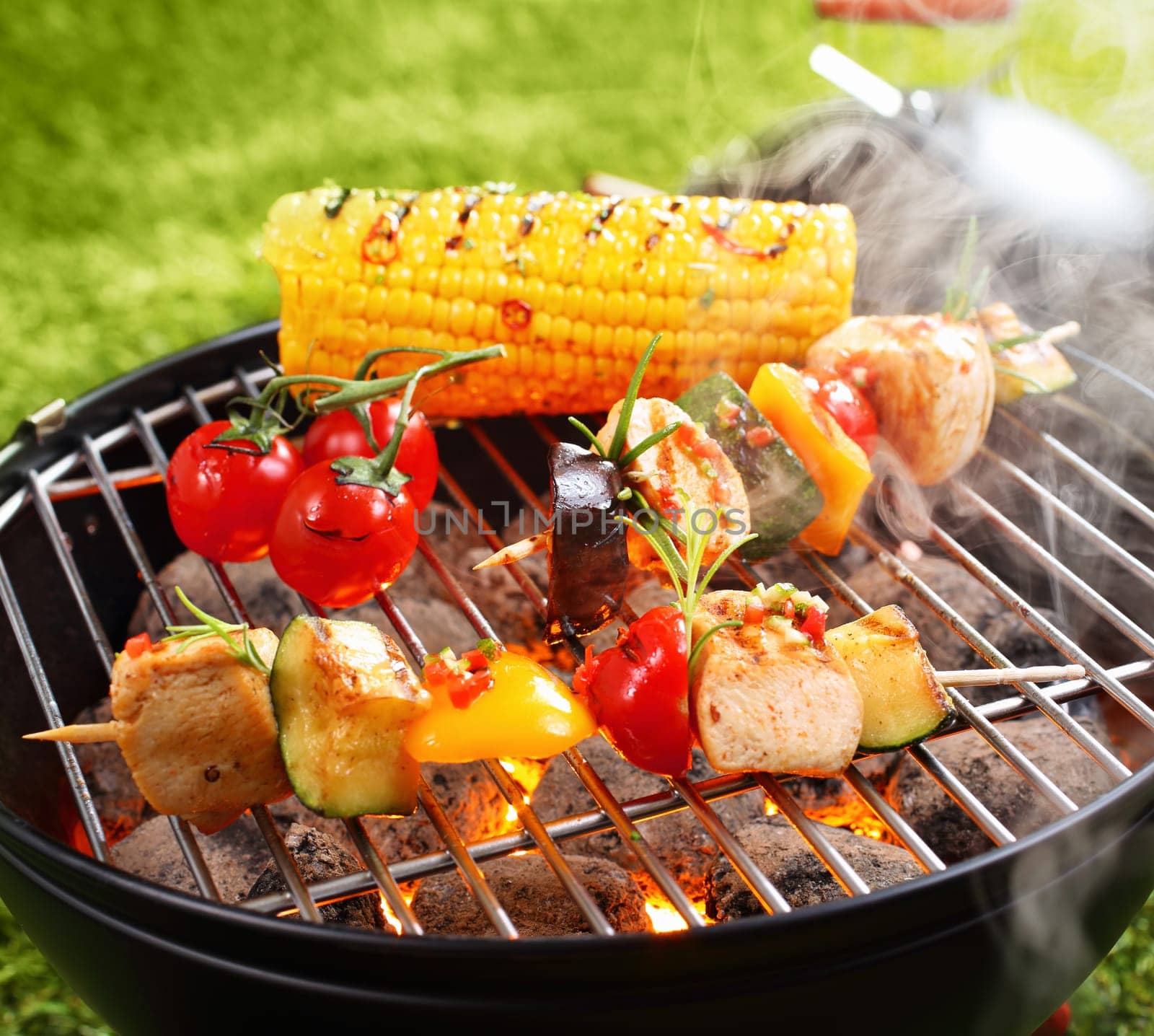 Vegetarian bbq and corncob on a grilling pan