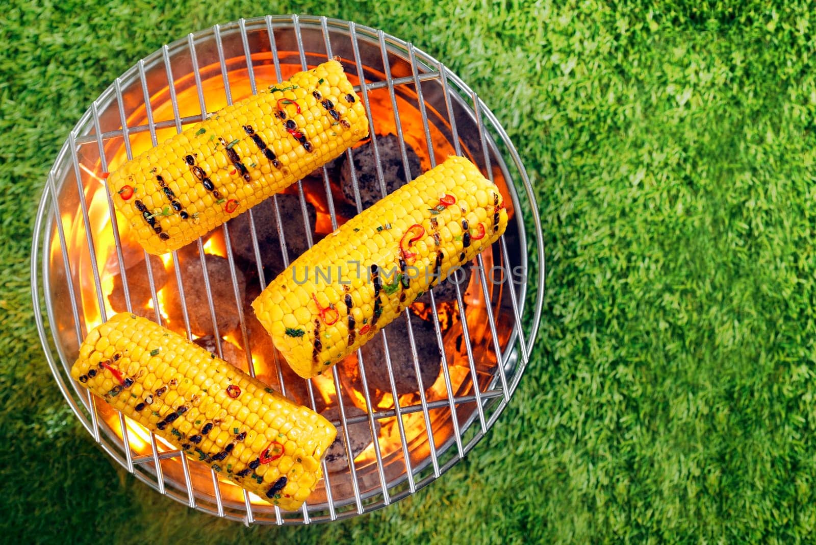 Overhead view of ripe yellow corn on the cob grilling over hot coals in a portable barbecue on a green lawn with copyspace