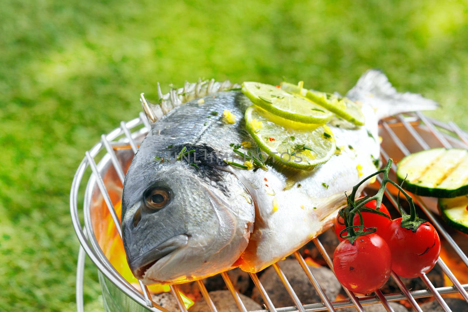 Whole gilthead breem garnished with slices of lemon roasting over the coals on an outdoor barbecue with ripe cherry tomatoes on the vine