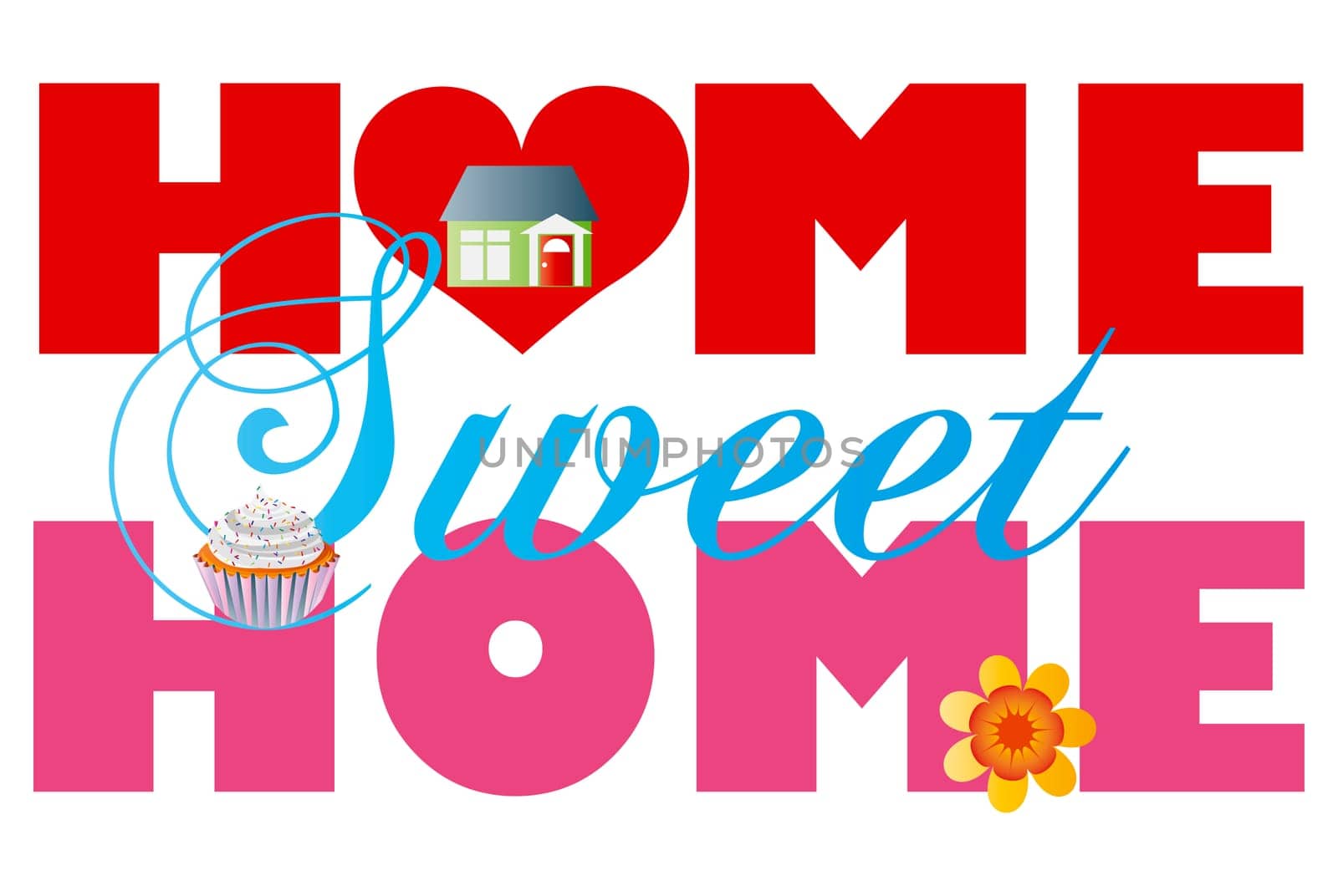 Home Sweet Home Alphabet Letters with House Cupcake and Flower Isolated on White Background Illustration