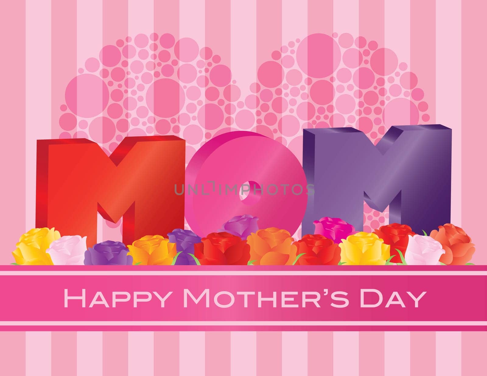 Happy Mothers Day MOM Alphabets with Heart Shape Polka Dots and Roses on Pink Stripes Pattern Background Illustration