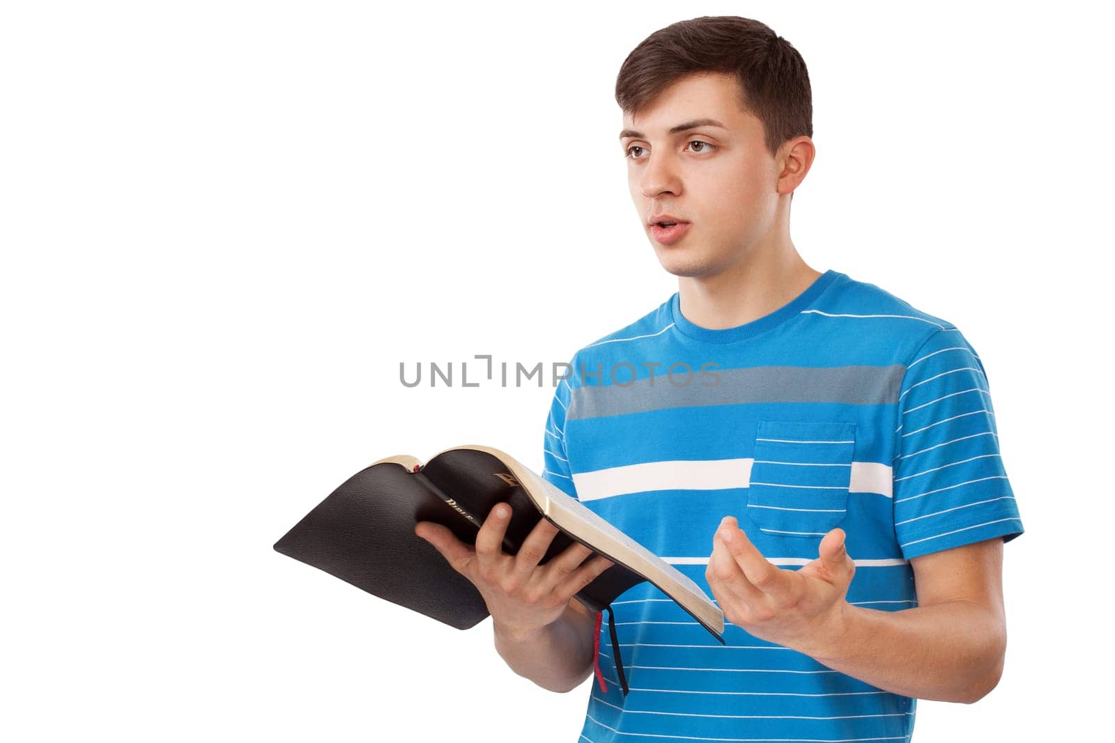 Young man preach in front of a white background