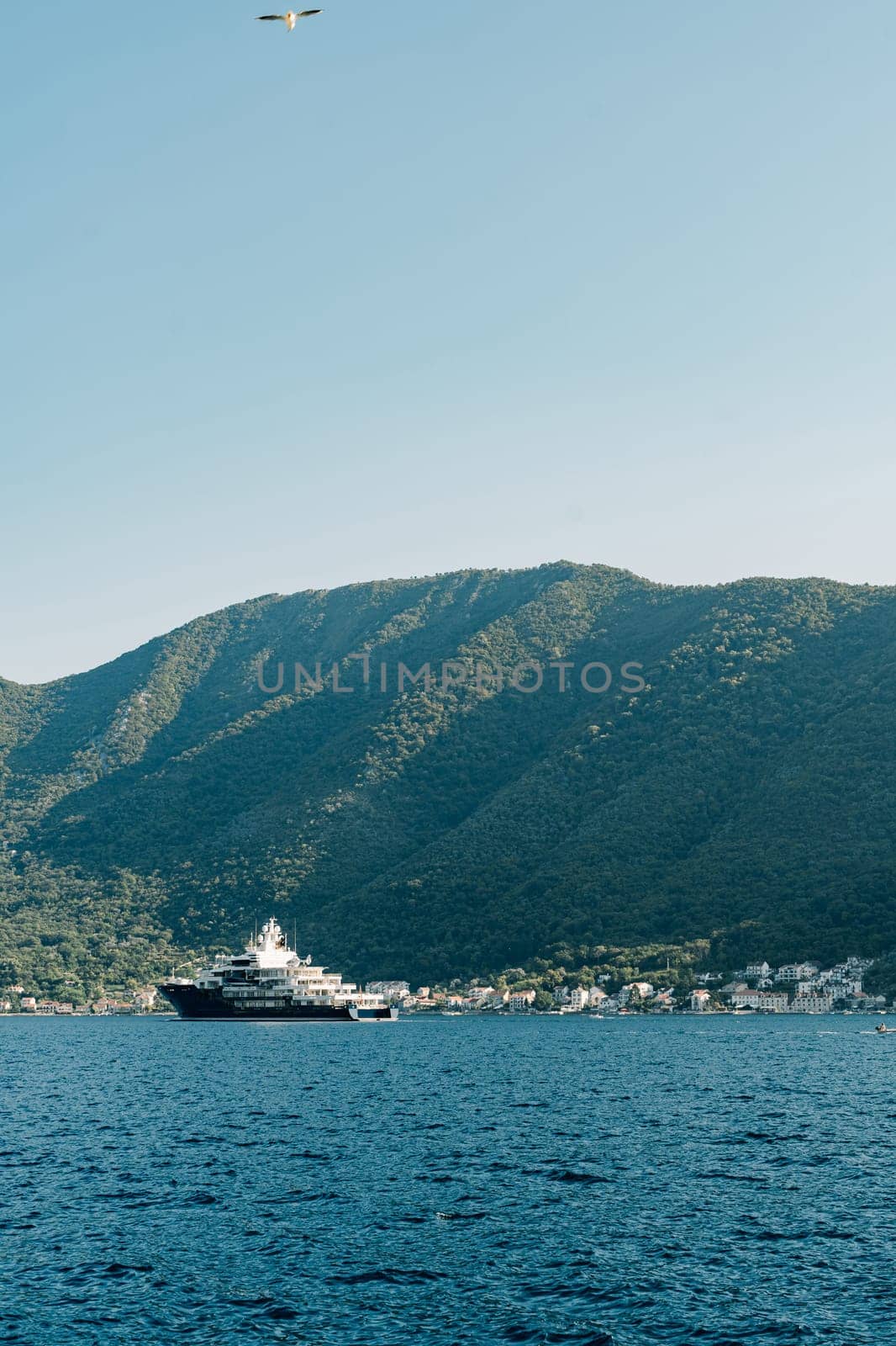 Passenger ship sails on the blue sea against the backdrop of a green mountain range. High quality photo