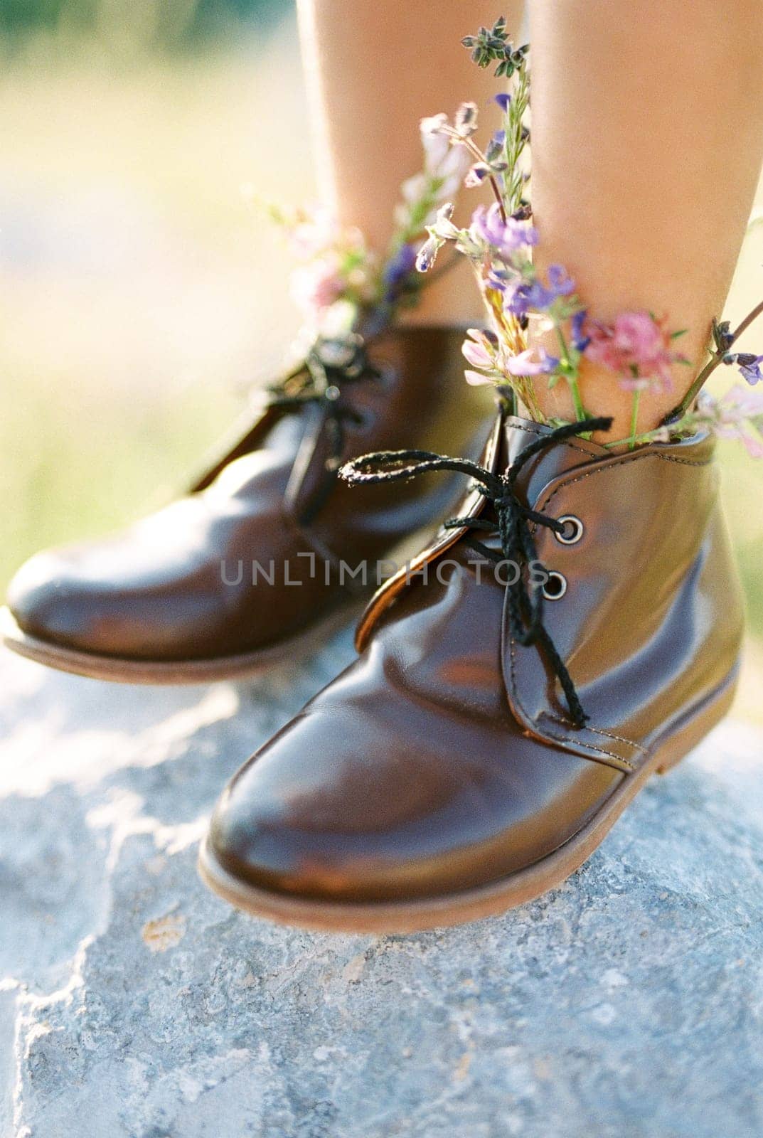 Legs of a little girl in shoes with wildflowers on a stone. Cropped by Nadtochiy