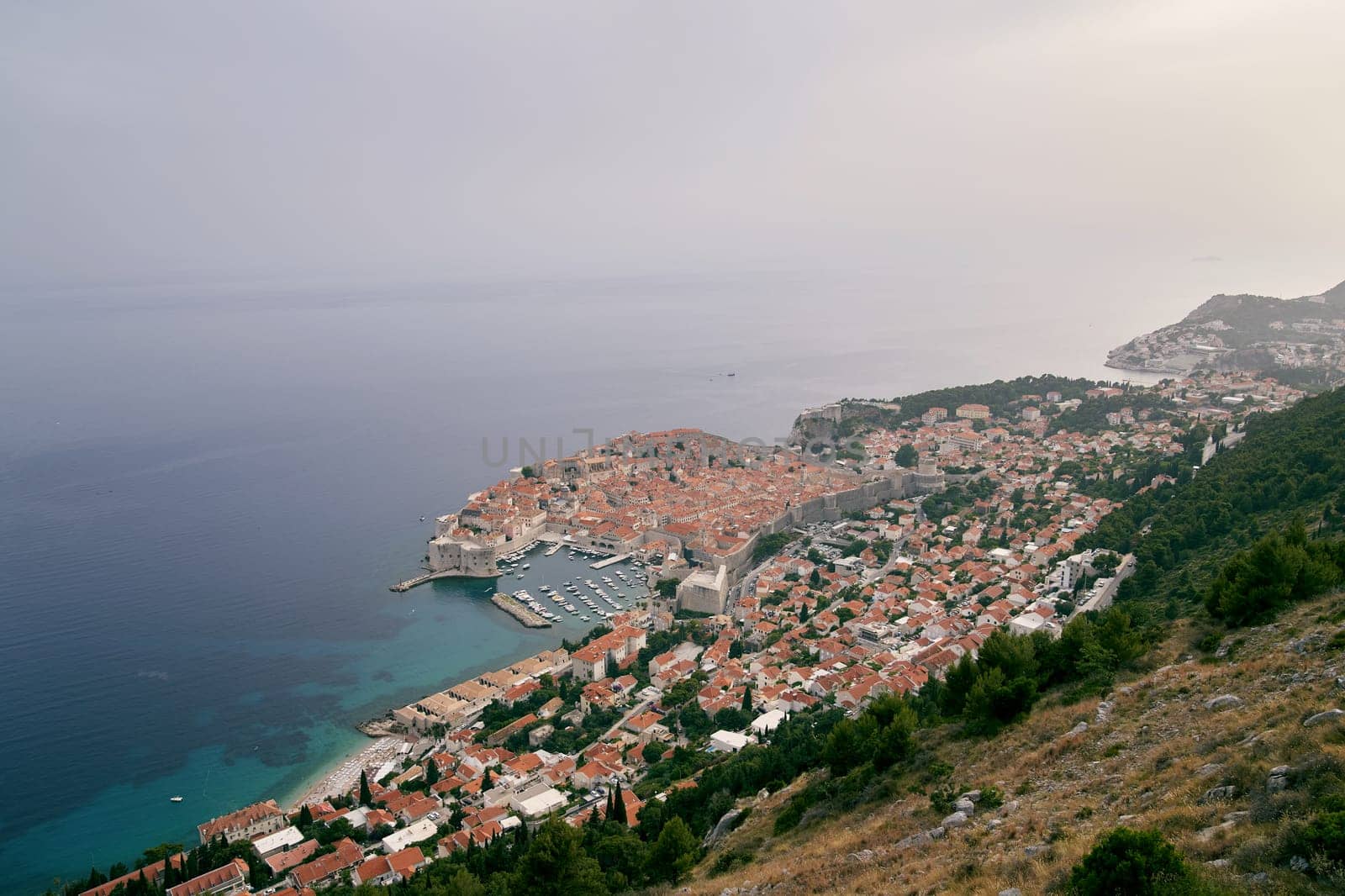 View from the mountain to Dubrovnik on the seashore. Croatia. High quality photo