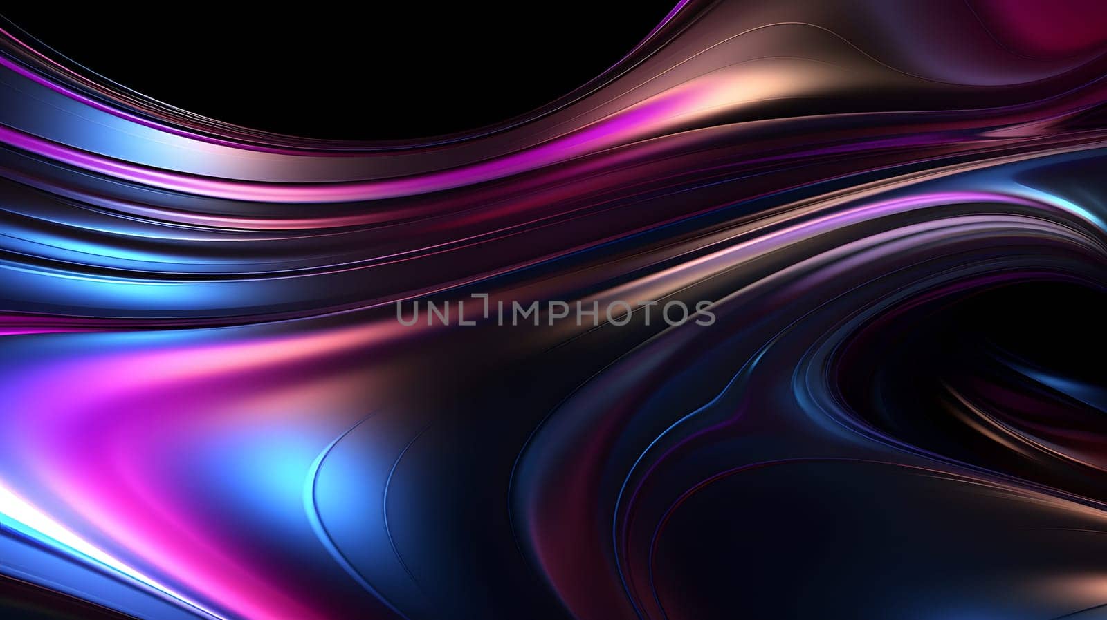 Abstract background of dark metallic holographic liquid metal with mild rainbow reflective waves. Neural network generated image. Not based on any actual pattern or scene.