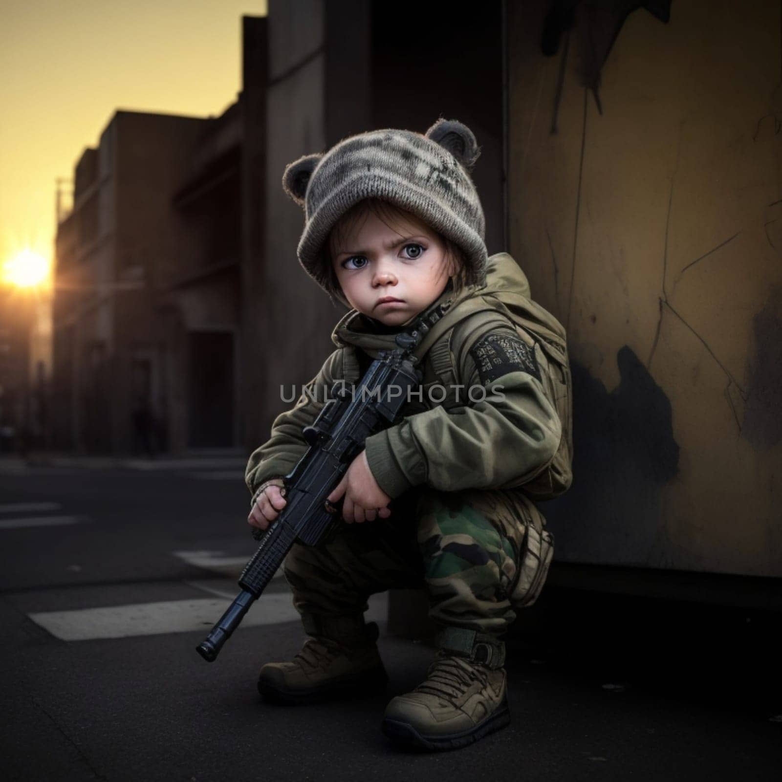 sad baby soldier guarding the front, combat position, green garment , long distance rifle, ai generative art . by verbano