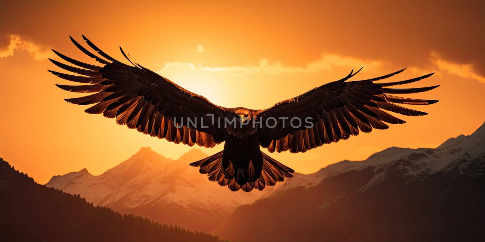 Silhouette illustration of an eagle flying on sunrise.