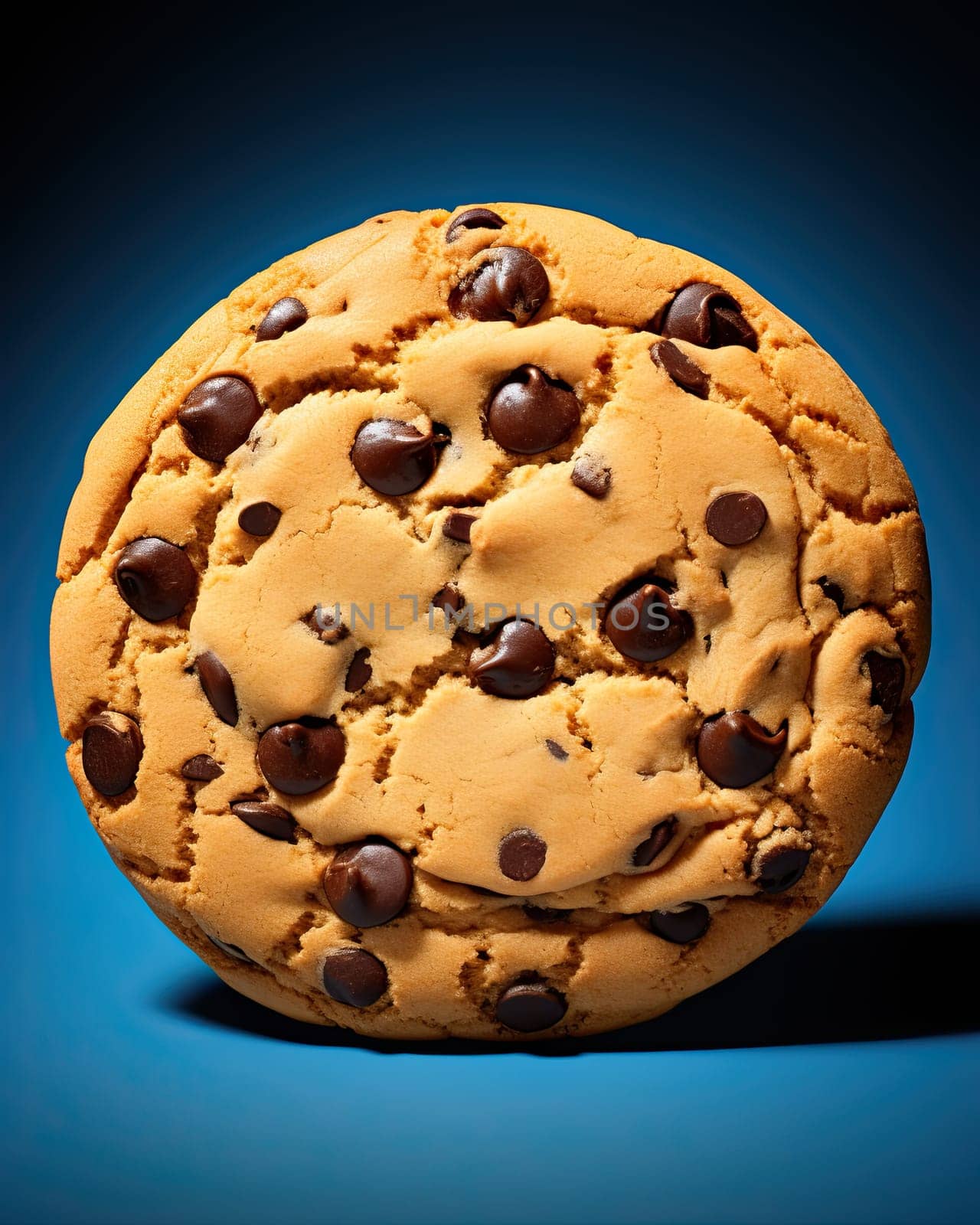 Single chocolate chip cookie isolated on blue background.