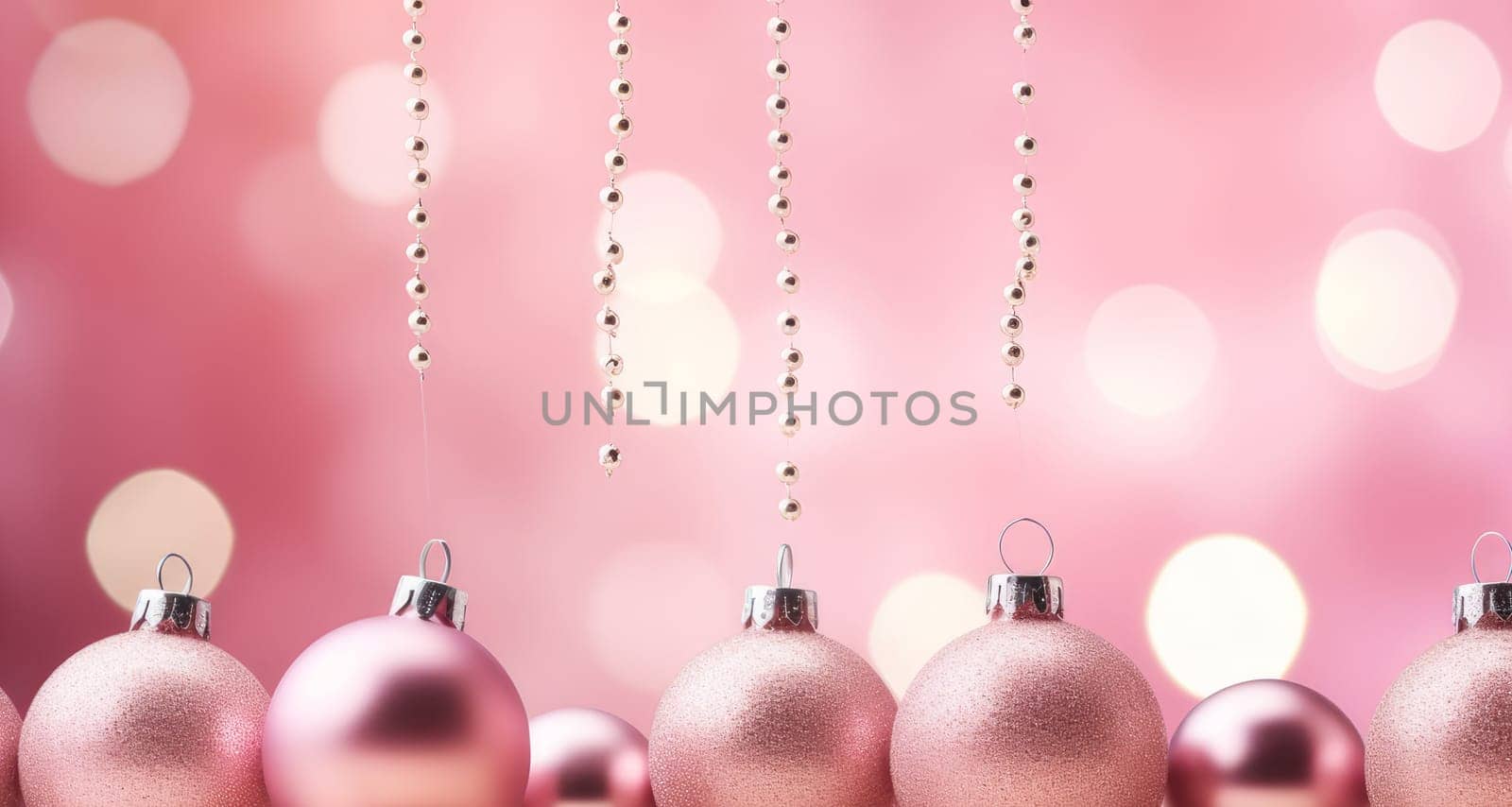 Christmas balls and toys on a pink background with bokeh lights on Christmas Eve. by Alla_Yurtayeva