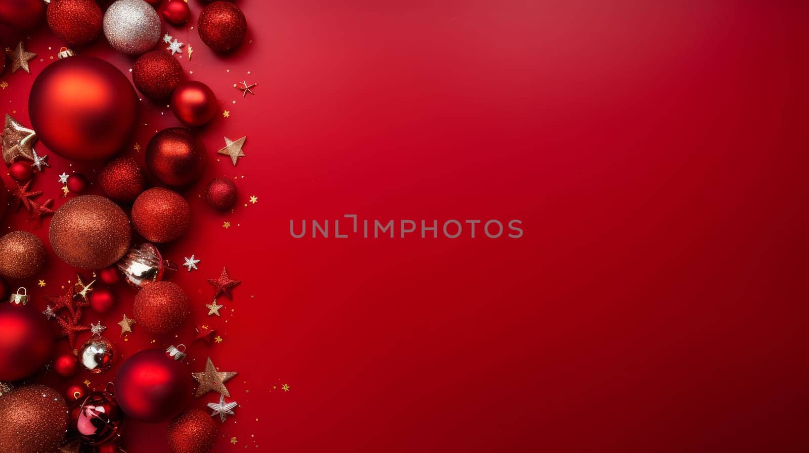 Chic New Year's balls and toys on a red background on Christmas Eve, copy space. by Alla_Yurtayeva