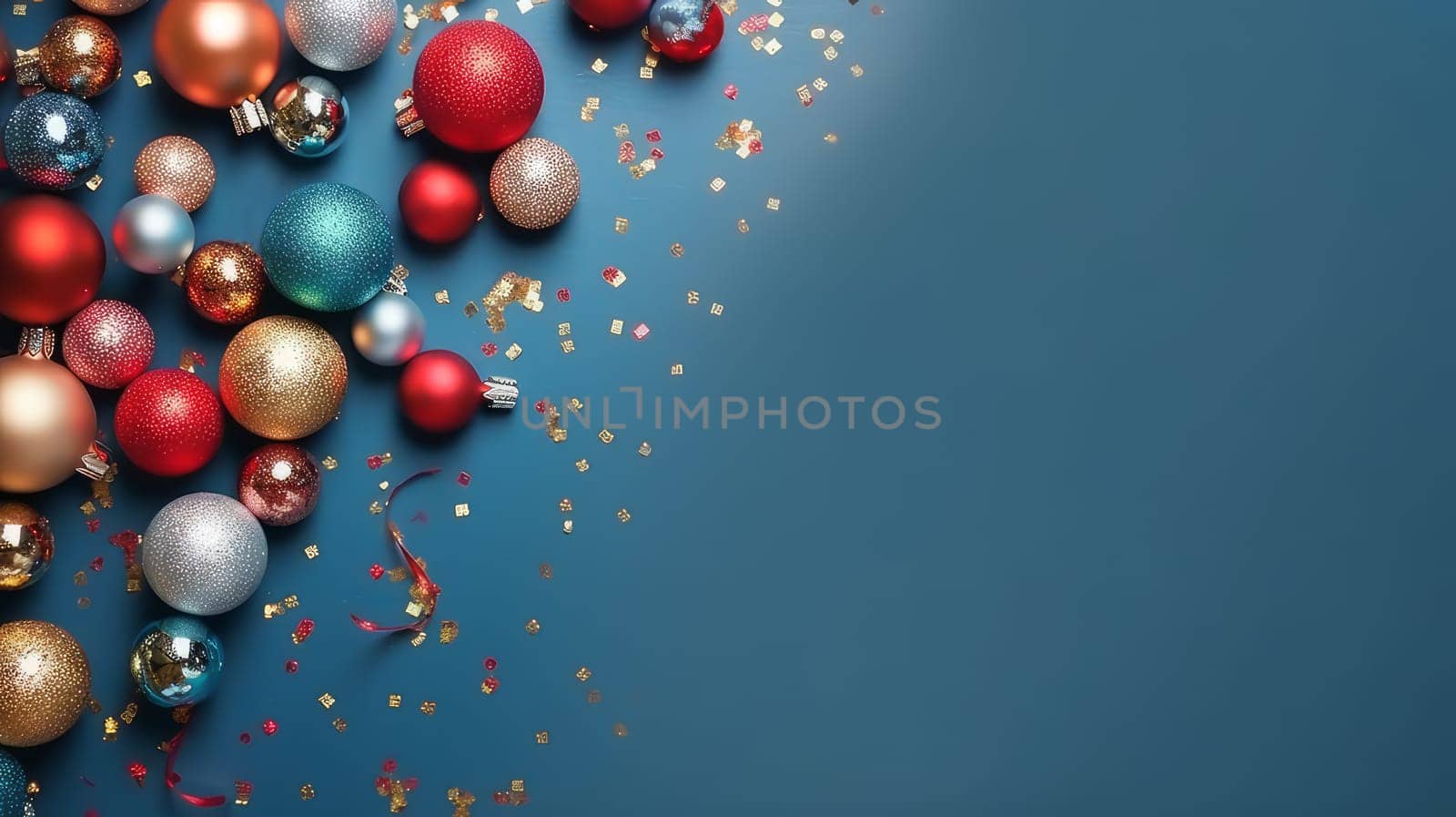 Luxury multi-colored New Year's balls and toys on a blue background on Christmas Eve, copy space