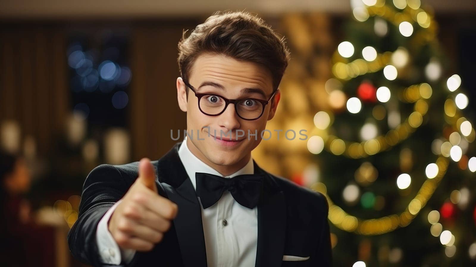 Portrait of a cheerful and happy, young guy in glasses who shows an idea near the New Year tree on Christmas Eve in a home interior