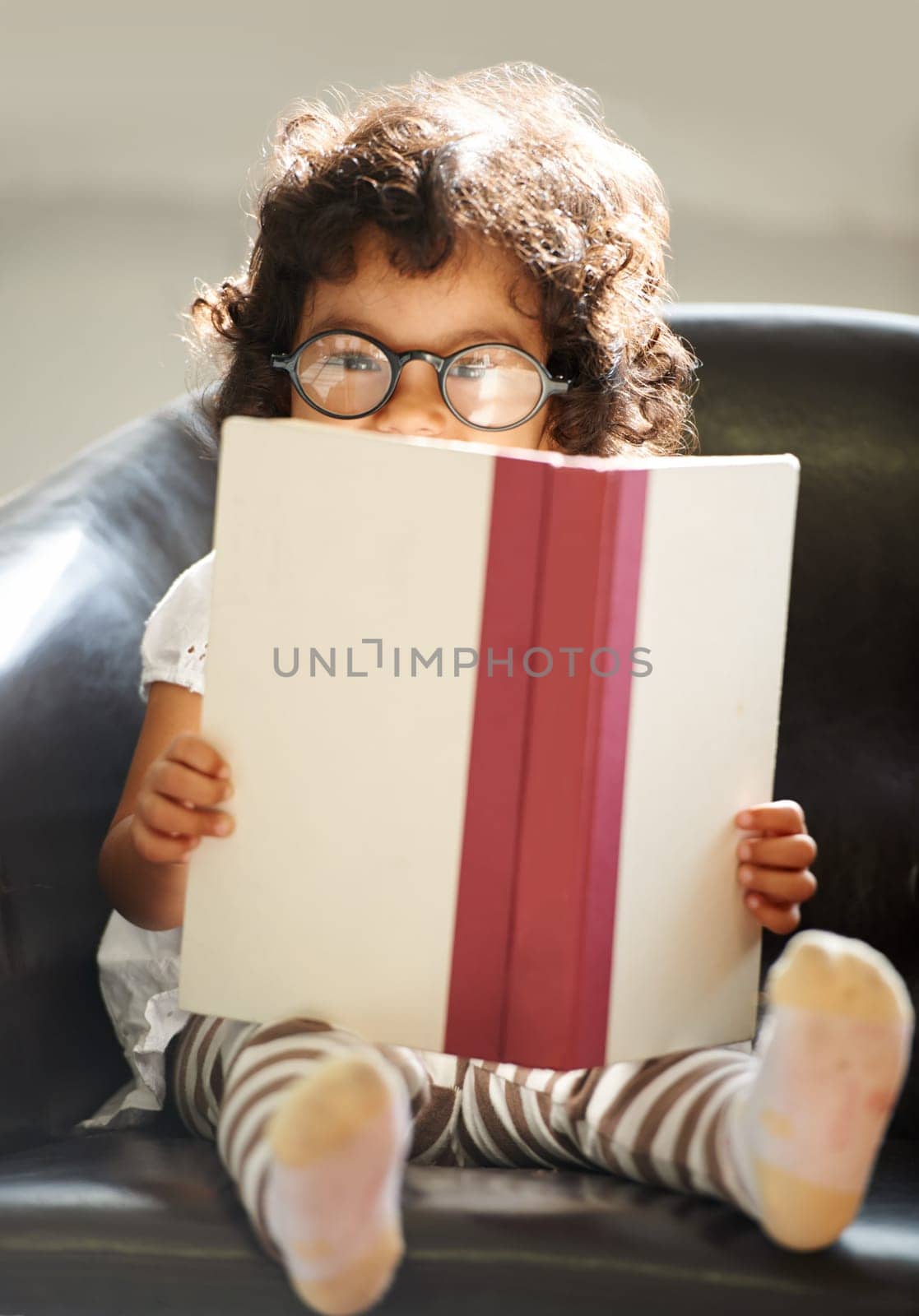 Child, portrait or glasses book read for fun education, learning or childhood development knowledge. Little girl, face on sofa for notebook studying or dress up as professional, school work or play by YuriArcurs