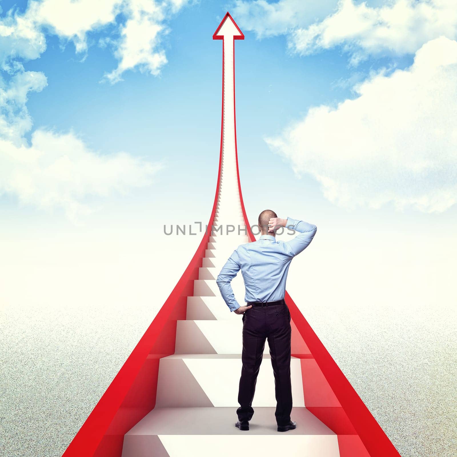 man and 3d red arrow with stair
