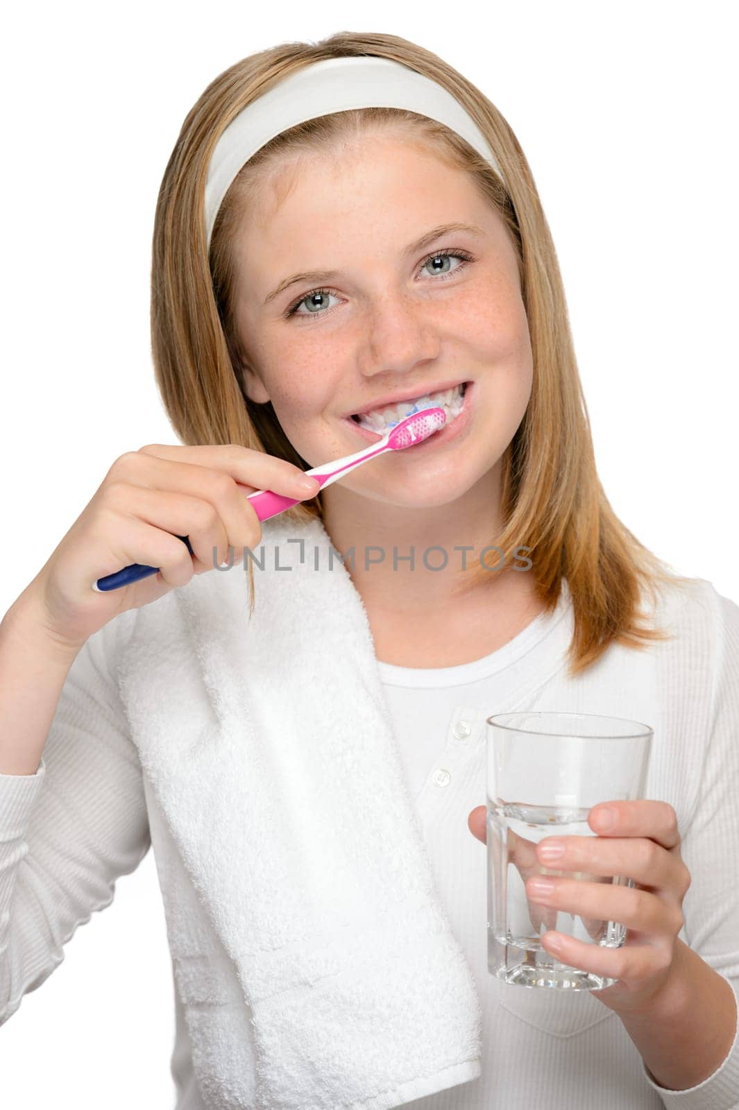 Dental hygiene brushing teeth young girl toothbrush glass water