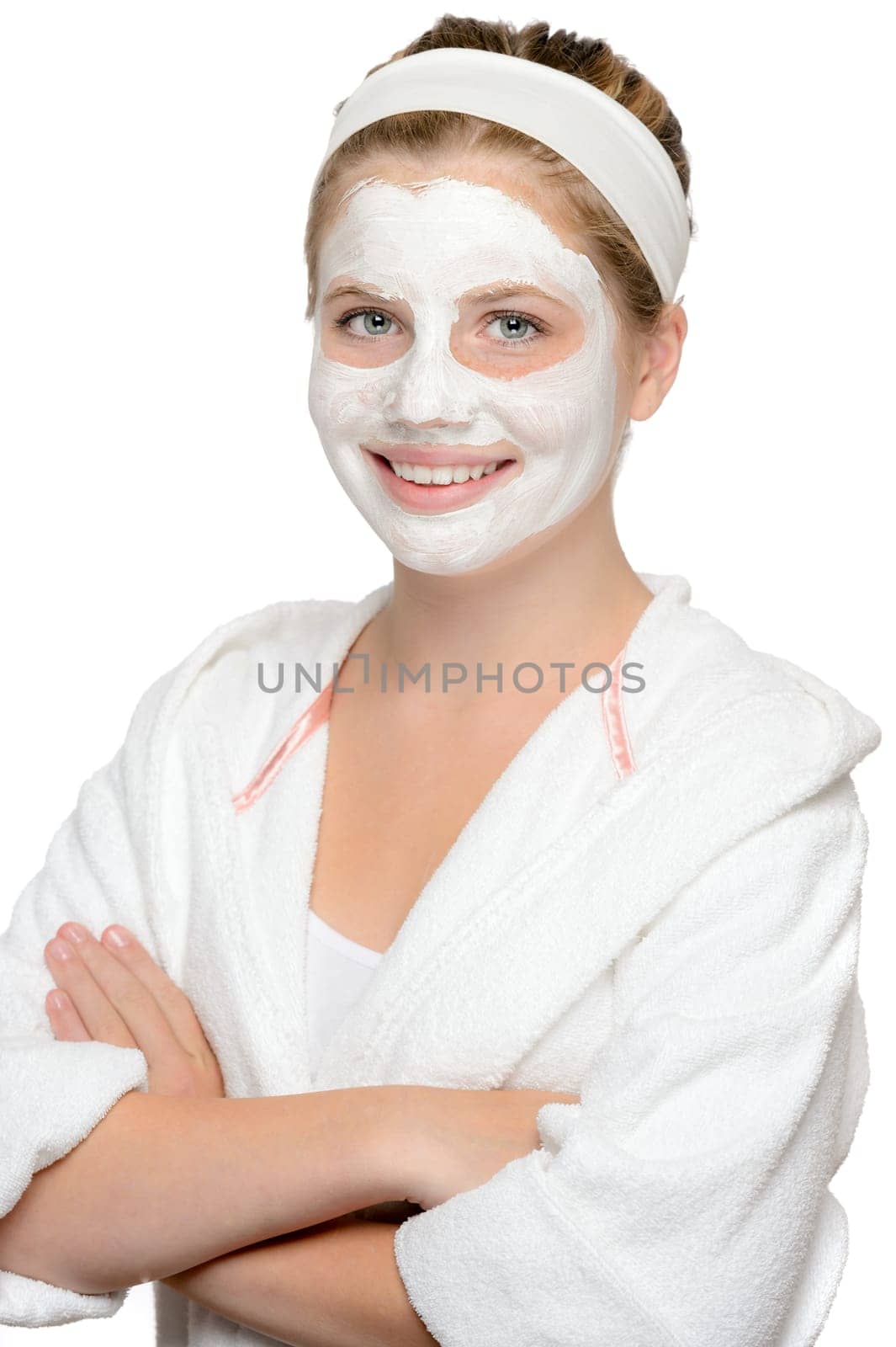 Smiling young girl facial mask waiting beauty treatment