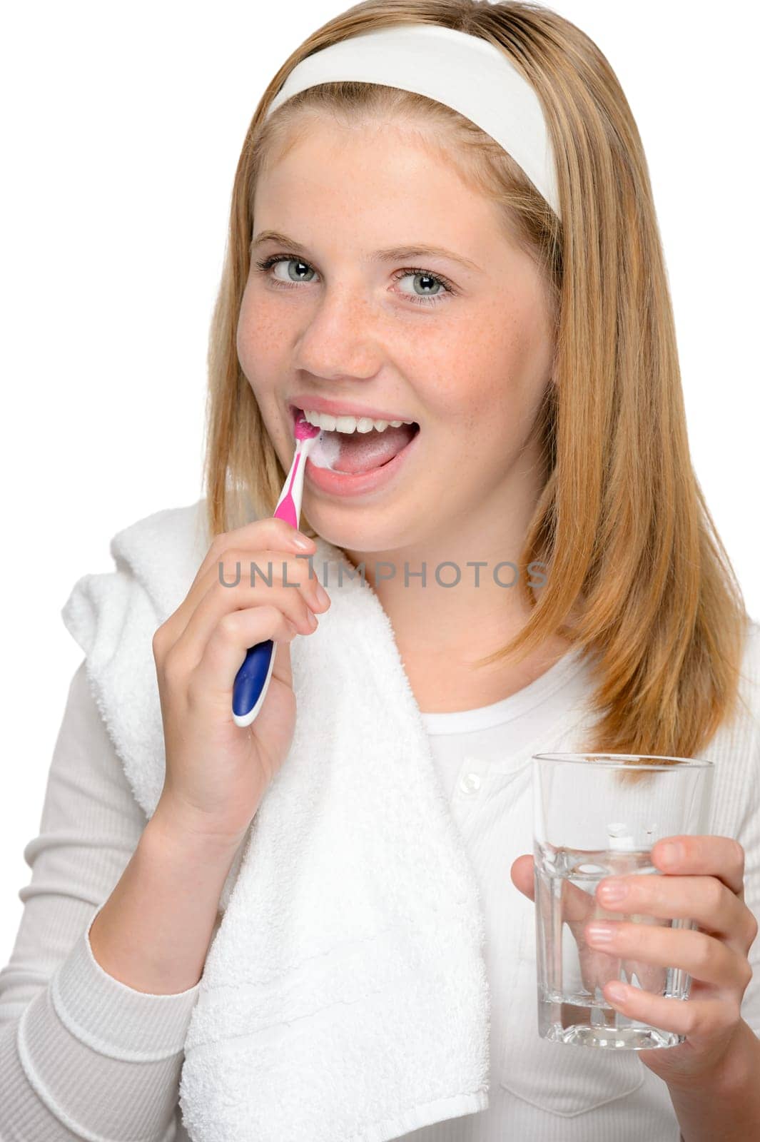 Happy teenage girl brushing teeth toothbrush dental hygiene care