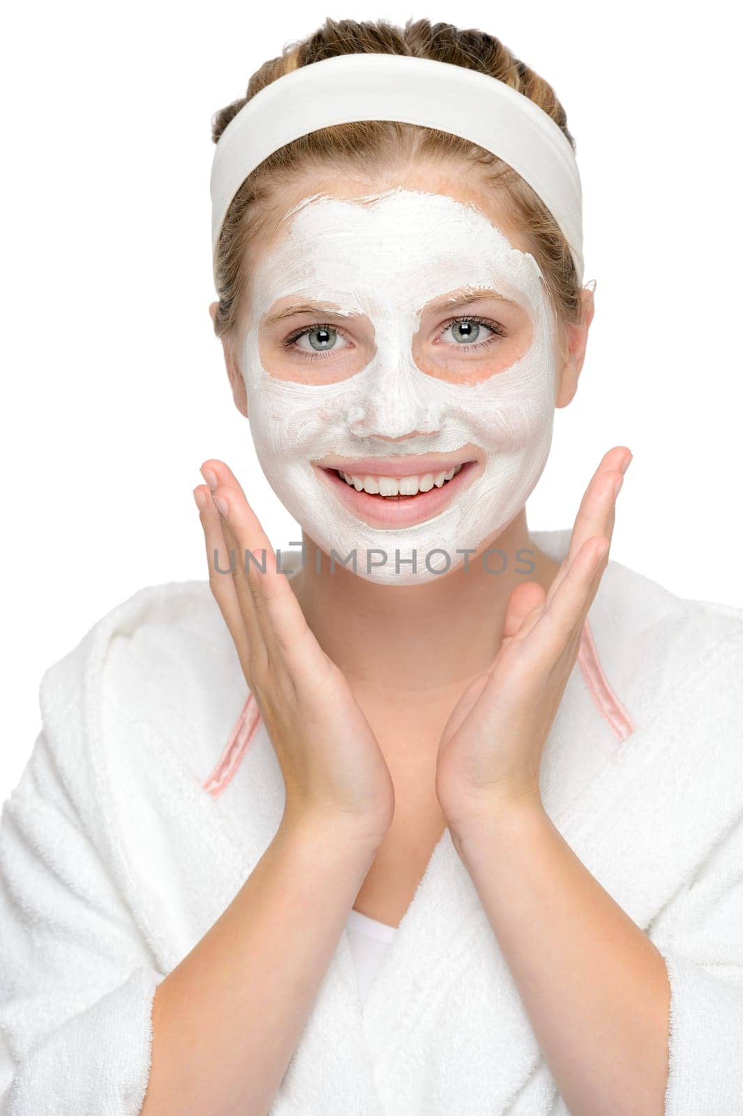Happy young girl face mask smiling cosmetics cleaning cream