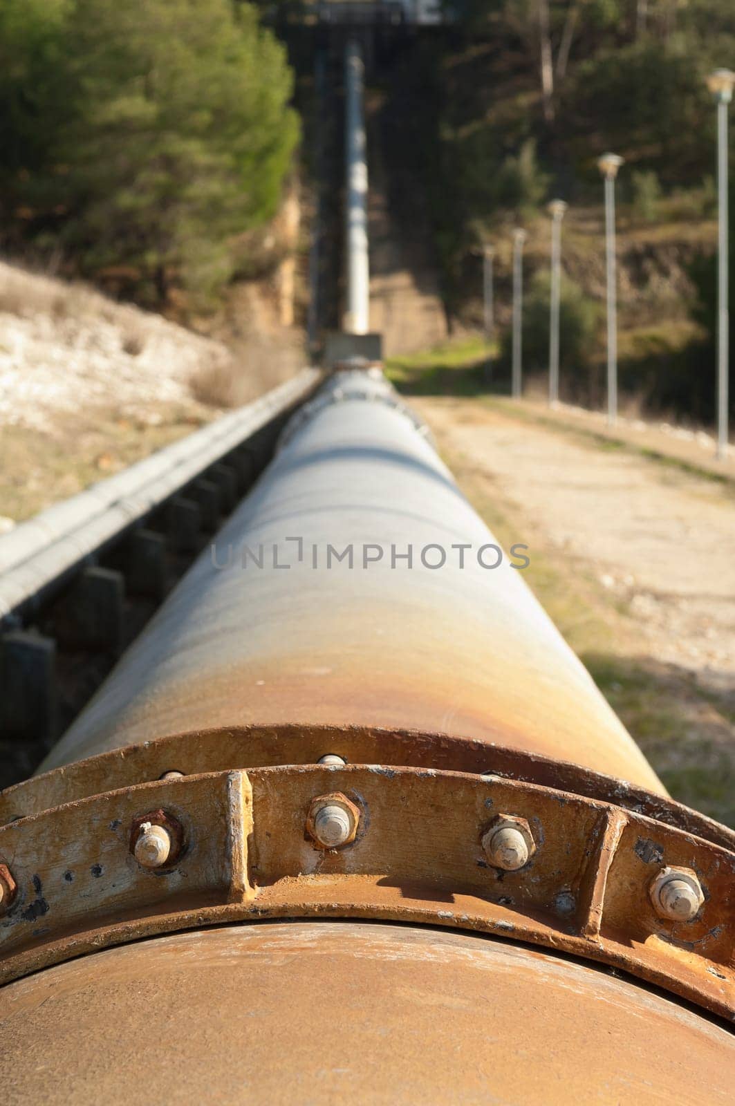 Steel water pipeline in Vigia dam supplying drinking water to the county of Redondo, Alentejo, Portugal