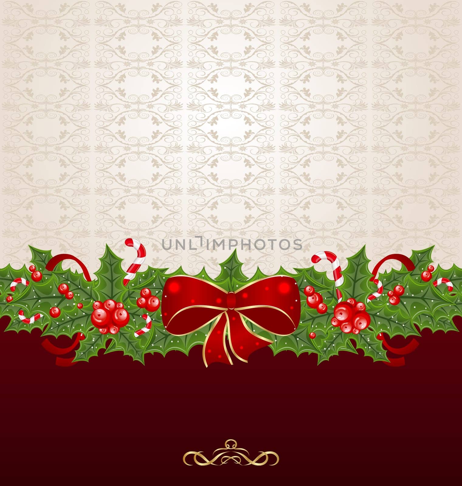 Illustration beautiful Christmas background with mistletoe, bow and pine - vector